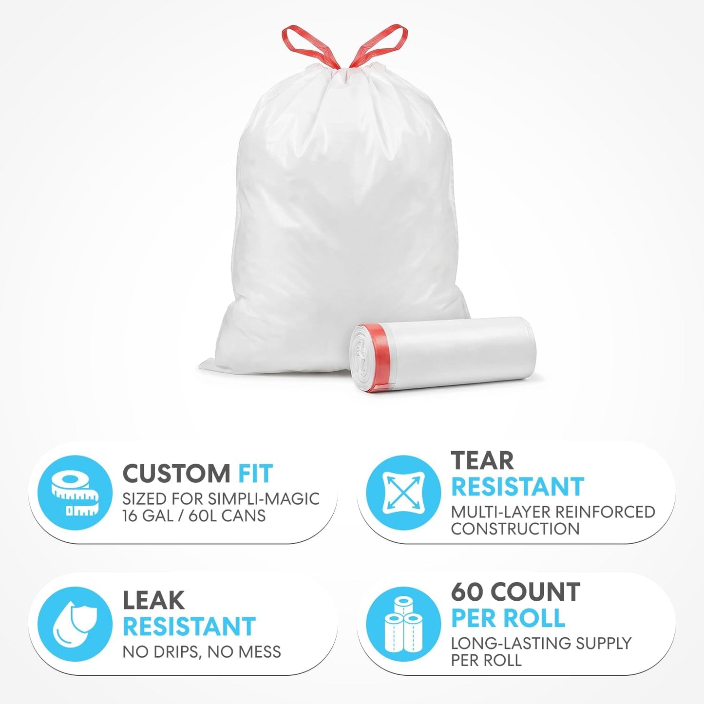 SIMPLI-MAGIC 16 Gallon / 60 Liter Trash Liner (Code D), Tear-Resistant Trash Bags for Kitchen, Office, Bathroom, and Bedroom Trash Cans, 60 pack