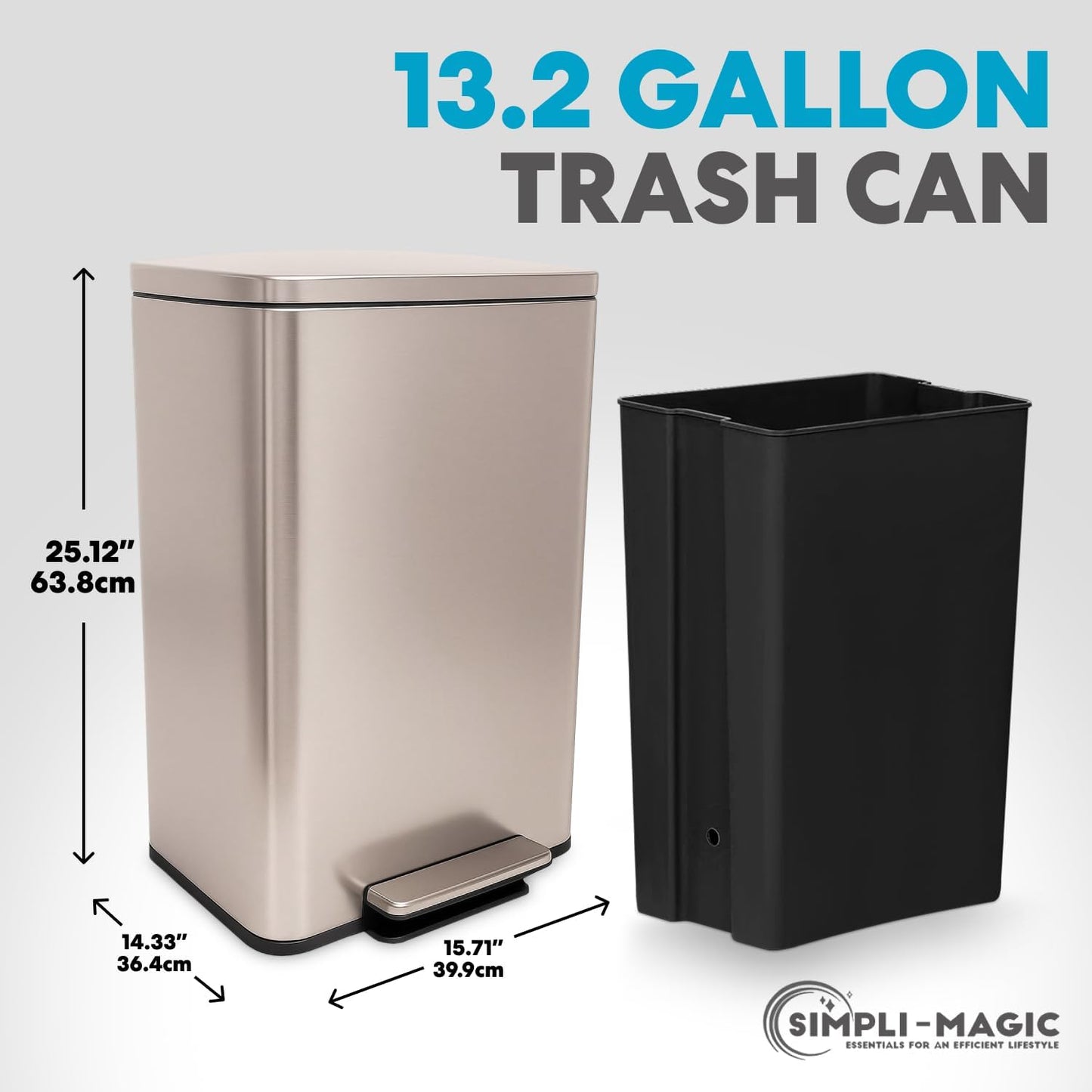 SIMPLI-Magic 13.2 Gallon/50 Liter, Kitchen Trash Can, Stainless Steel, Step-On Garbage Bin with Removable Inner Bucket for Kitchen, Office, and Bedroom, Rose Gold