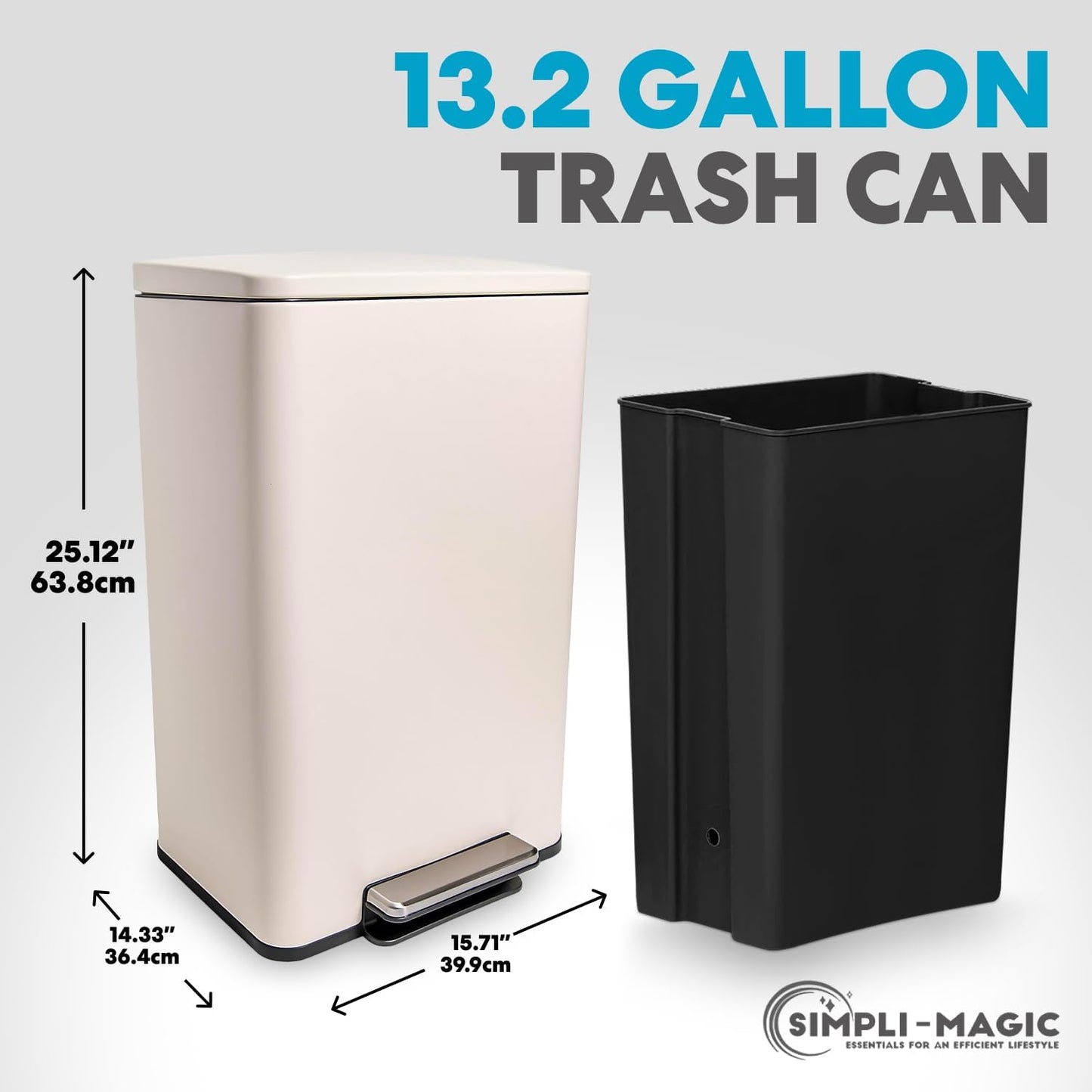 SIMPLI-Magic 13.2 Gallon/50 Liter, Kitchen Trash Can, Stainless Steel, Step-On Garbage Bin with Removable Inner Bucket for Kitchen, Office, and Bedroom, White