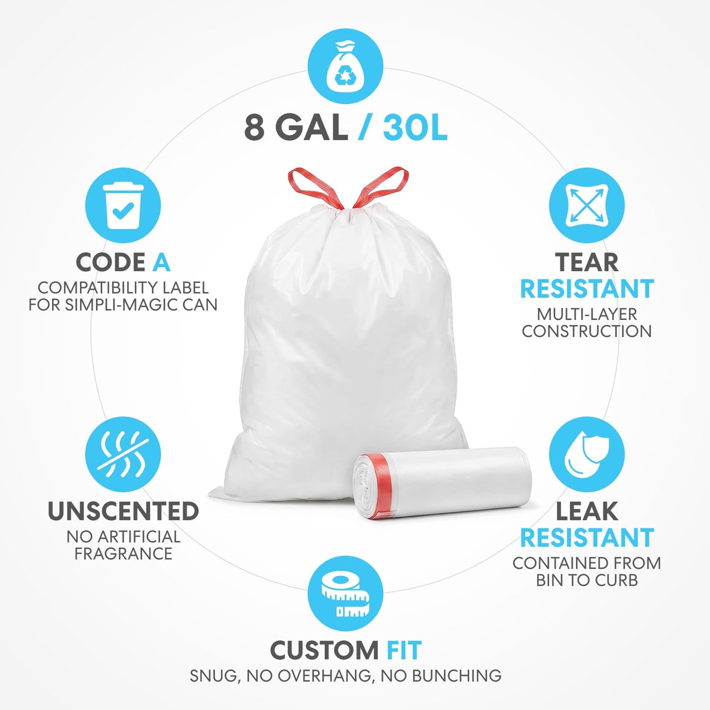 SIMPLI-MAGIC 8 Gallon / 30 Liter Trash Liner (Code A), Tear-Resistant Trash Bags for Kitchen, Office, Bathroom, and Bedroom Trash Cans, 60 pack