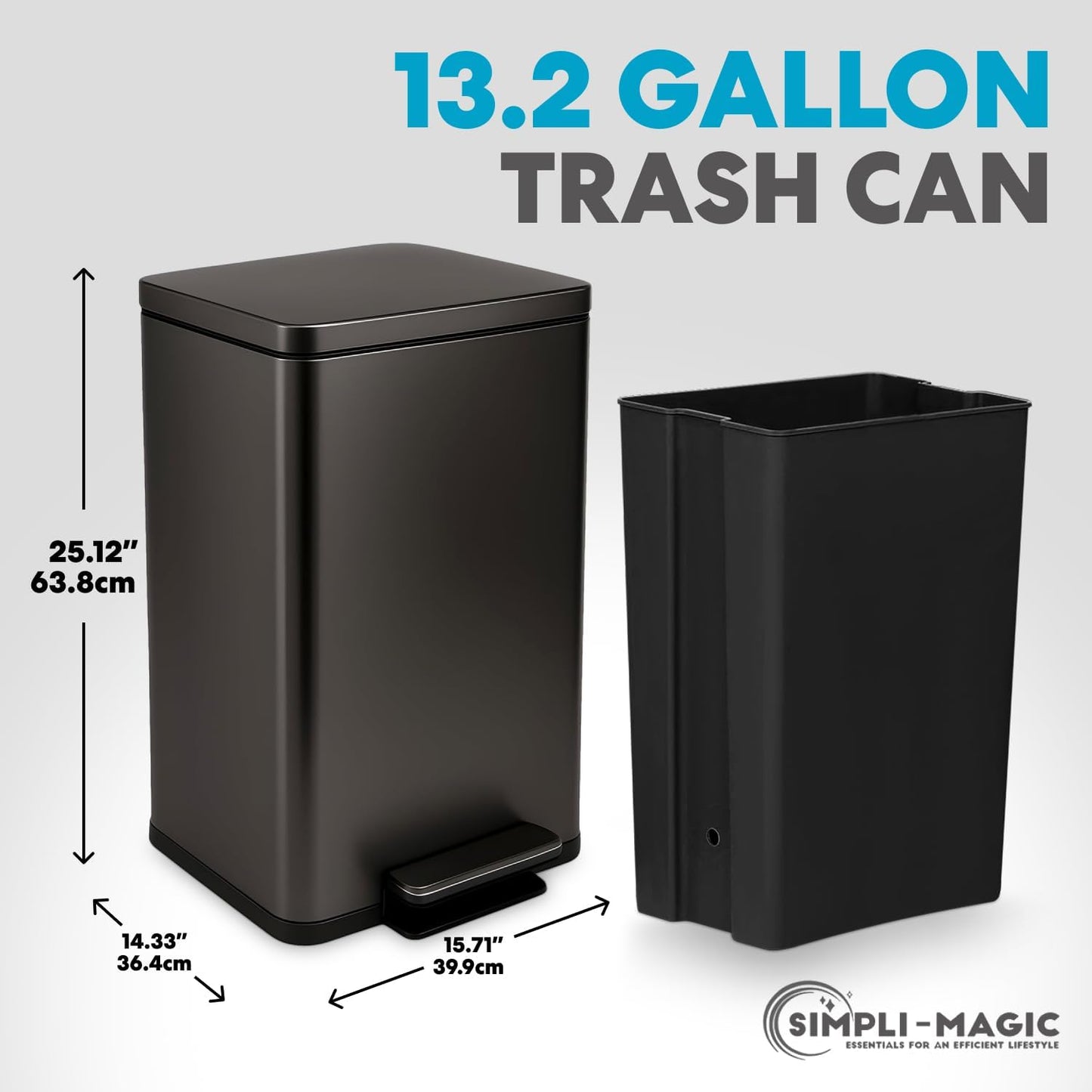 SIMPLI-Magic 13.2 Gallon/50 Liter, Kitchen Trash Can, Stainless Steel, Step-On Garbage Bin with Removable Inner Bucket for Kitchen, Office, and Bedroom, Gunmetal