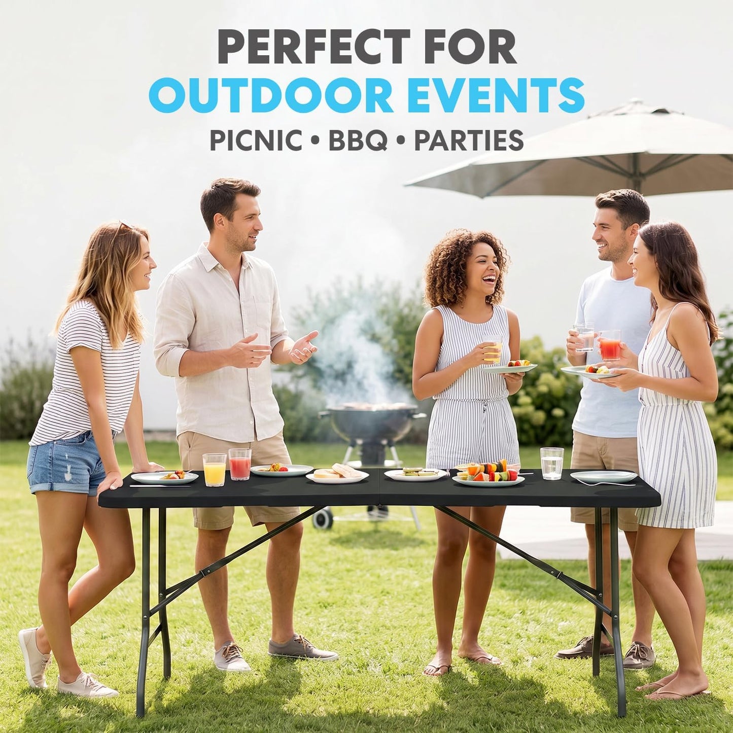 SIMPLI-MAGIC Black Foldable Table (6FT), 2-Pack Indoor/Outdoor Folding Utility Tables with Carry Handle for Parties, Events, Crafts, and Picnics