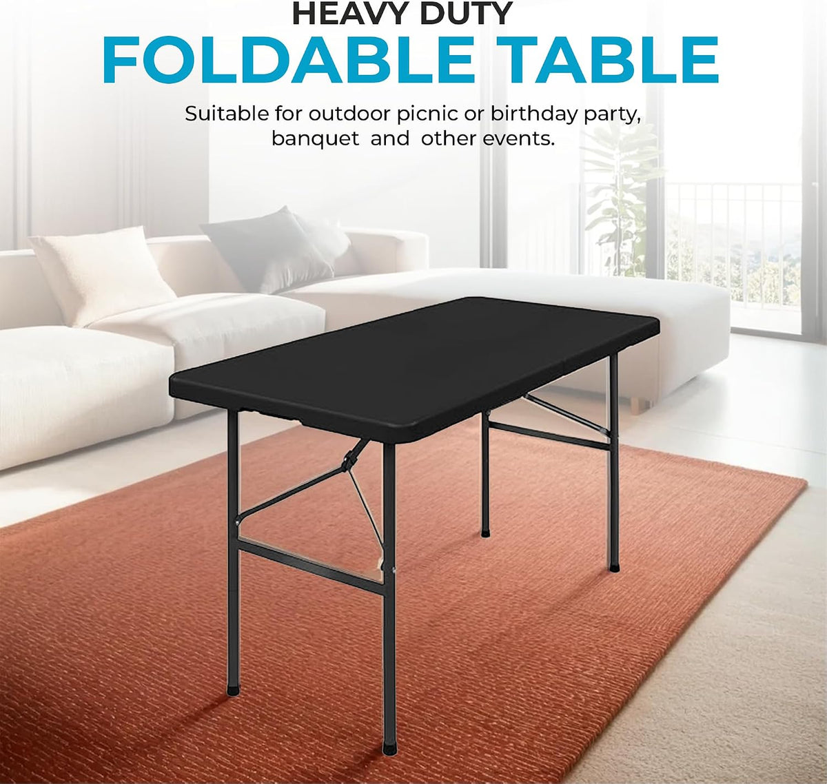 Simpli-Magic 4ft Portable Plastic Folding Table – Indoor & Outdoor Heavy-Duty Foldable Utility Table w/Handle for Party & Camping (Black)
