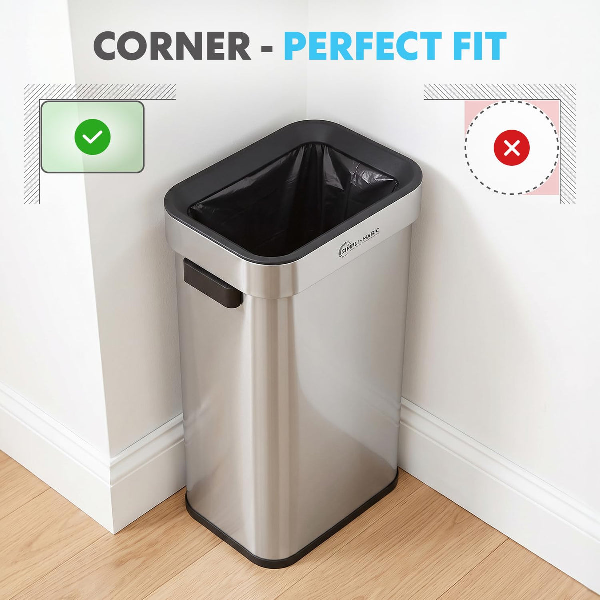 SIMPLI-MAGIC 70 Liter / 18.5 Gallon Soft-Close, Smudge Resistant Open Top Trash Can with Stainless Steel, Sleek Finish
