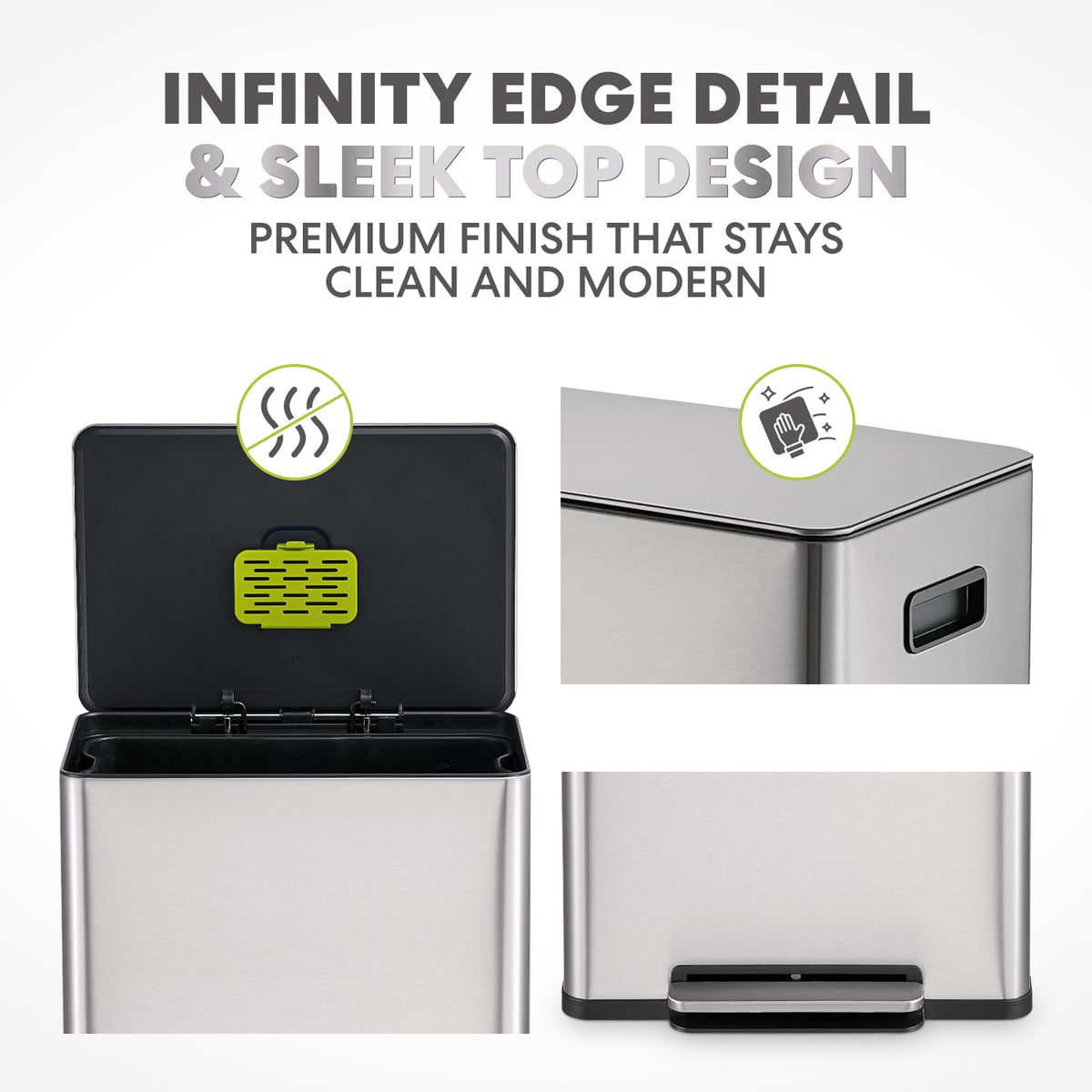 SIMPLI-MAGIC Infinity Edge 60L / 16 Gallon Kitchen Trash Can - Hands-Free Step Pedal, Soft-Close Lid, Stainless Steel Garbage Can with Inner Bucket