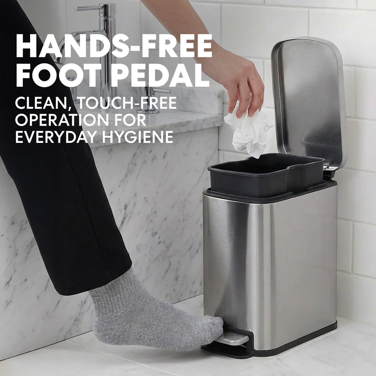 SIMPLI-MAGIC 6L/1.6G Stainless Steel Bathroom Trash Can with Hands-Free Foot Pedal, Quiet Soft-Close Lid, Compact Space-Saving Size, Silver, 2 Pack