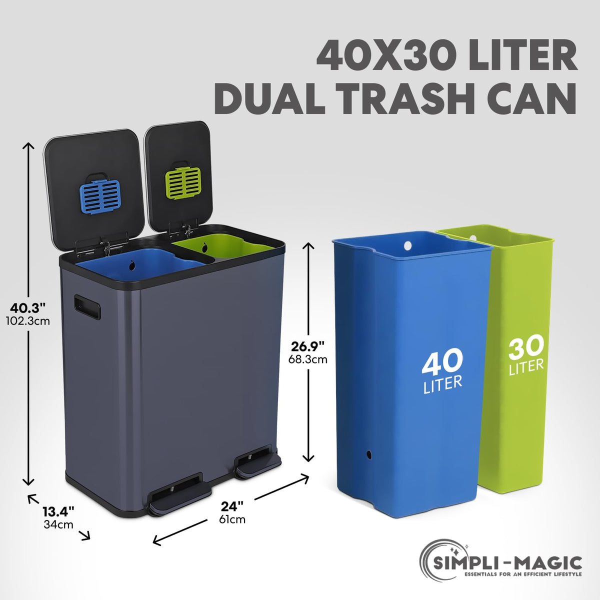 SIMPLI-MAGIC 70 Liter / 18.5 Gallon Dual Compartment Recycling Trash Can – Hands-Free Kitchen Step Bin with Soft-Close Lid, Odor Filter, Stainless Steel Foot Pedal, Black Finish (40L + 30L), Blue