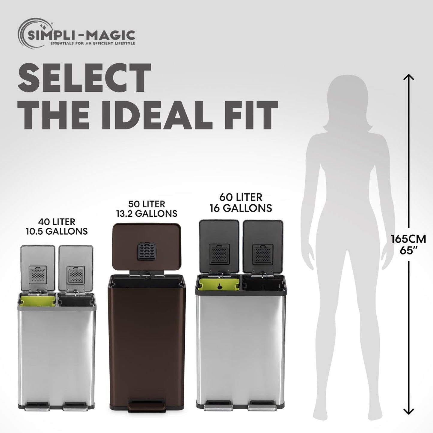 SIMPLI-Magic 13.2 Gallon/50 Liter, Kitchen Trash Can, Stainless Steel, Step-On Garbage Bin with Removable Inner Bucket for Kitchen, Office, and Bedroom, Brown