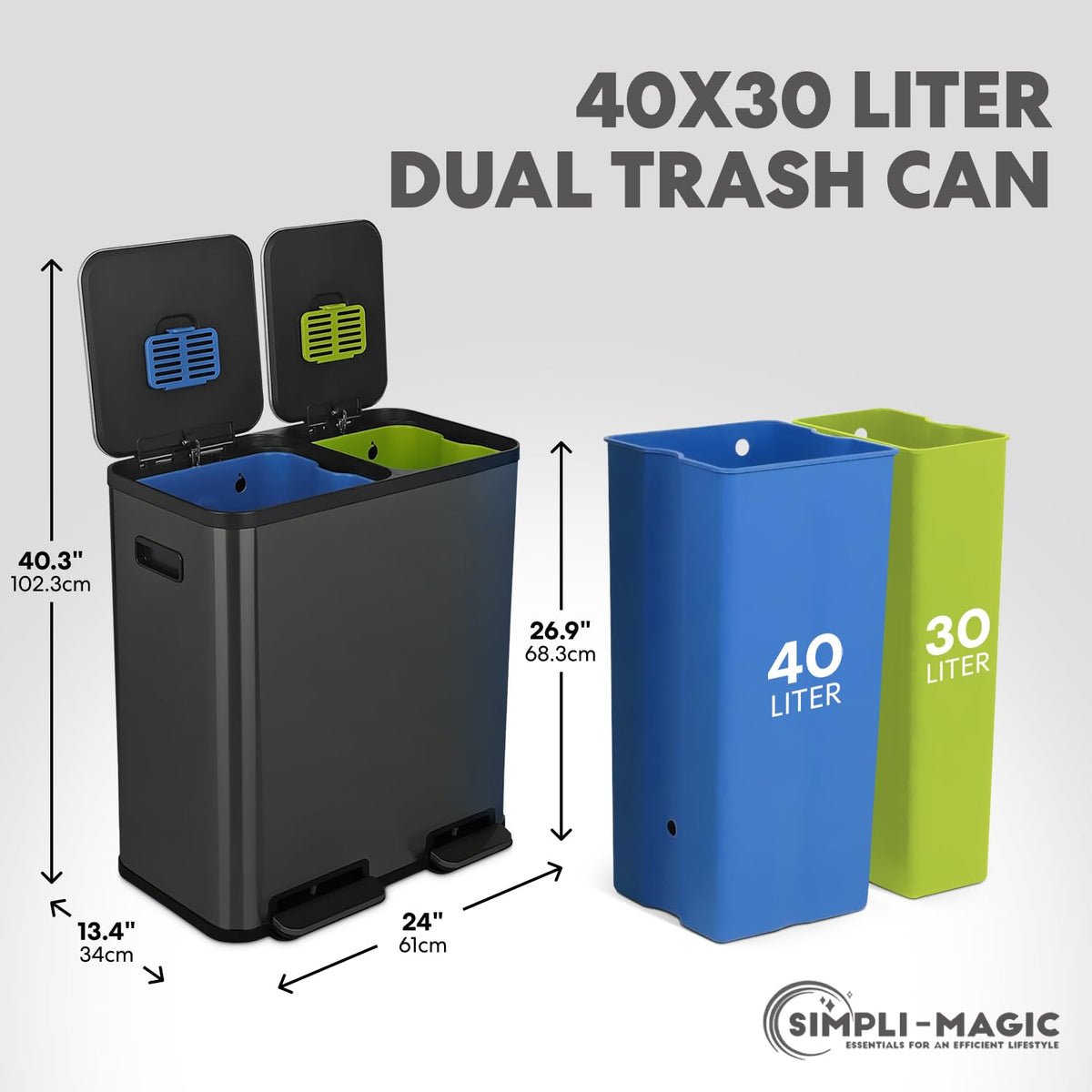 SIMPLI-MAGIC 18.5 Gallon (70L) Dual Compartment Kitchen Trash Can - Hands-Free Step Pedal, Soft-Close Lid, Stainless Steel Recycling Bin with Odor Filter (40L + 30L), Black