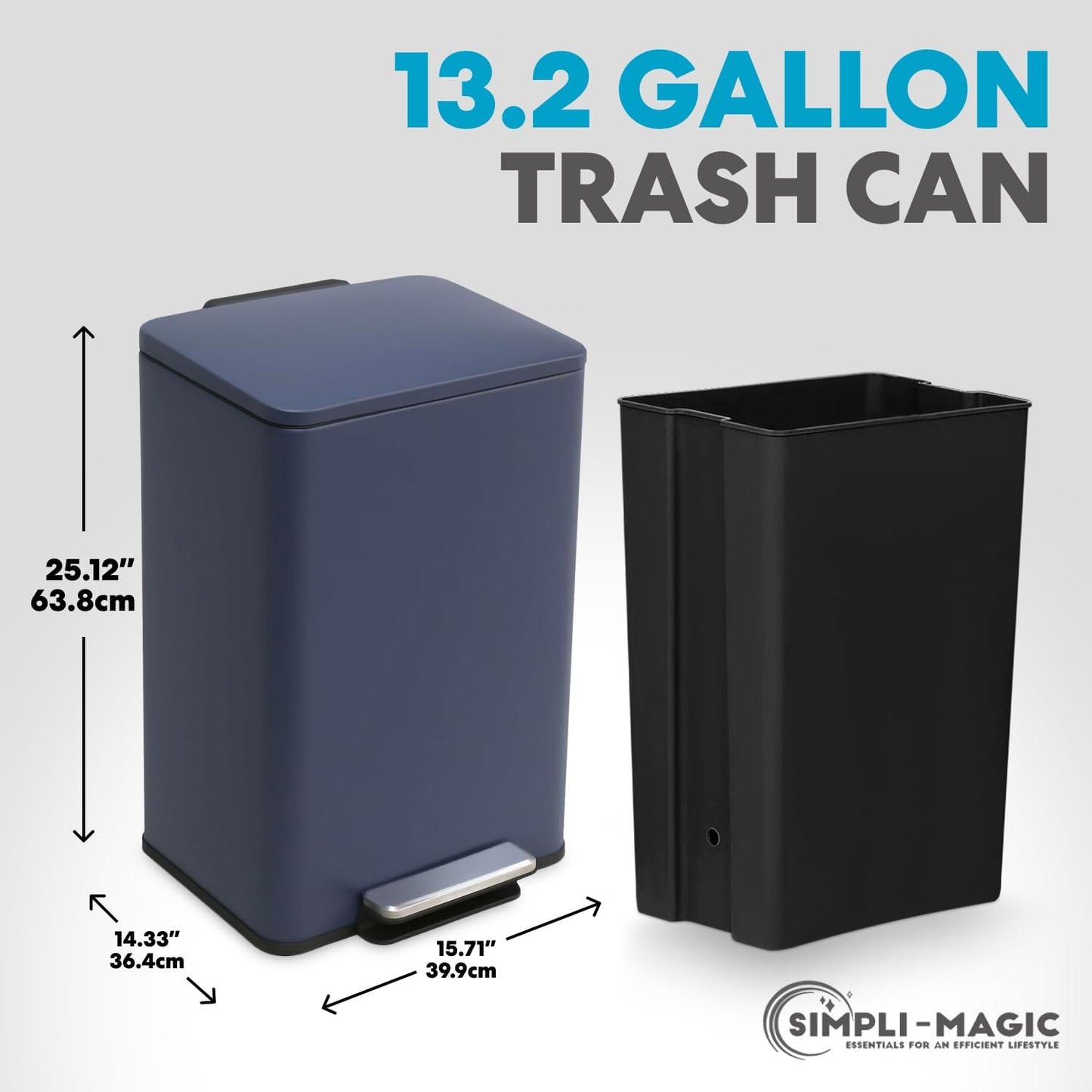 SIMPLI-Magic 13.2 Gallon/50 Liter, Kitchen Trash Can, Stainless Steel, Step-On Garbage Bin with Removable Inner Bucket for Kitchen, Office, and Bedroom, Blue