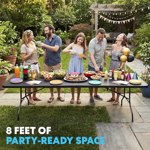 SIMPLI-MAGIC Black Foldable Table (8FT), 2-Pack Indoor/Outdoor Folding Banquet Tables with Carry Handle for Parties, Events, and Catering