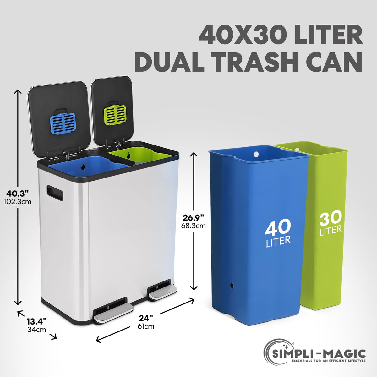 SIMPLI-MAGIC 70 Liter / 18.5 Gallon Dual Compartment Recycling Trash Can – Hands-Free Kitchen Step Bin with Soft-Close Lid, Odor Filter, Stainless Steel Foot Pedal, Black Finish (40L + 30L), White