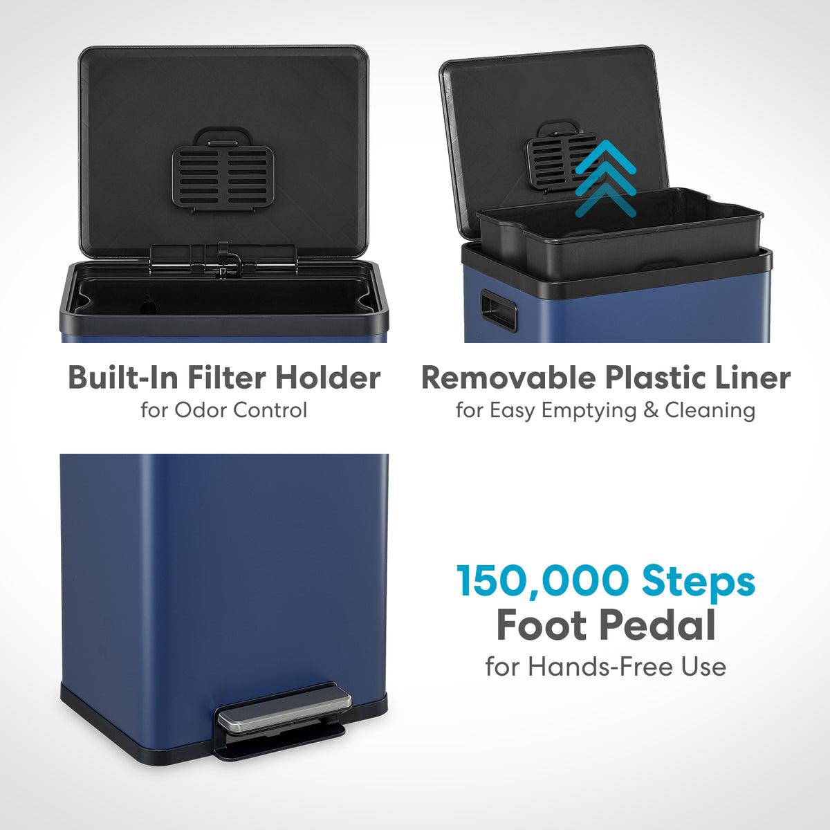 50 Liter / 13.2 Gallon Soft-Close, Smudge Resistant Trash Can with Foot Pedal and Built in Filter- Blue