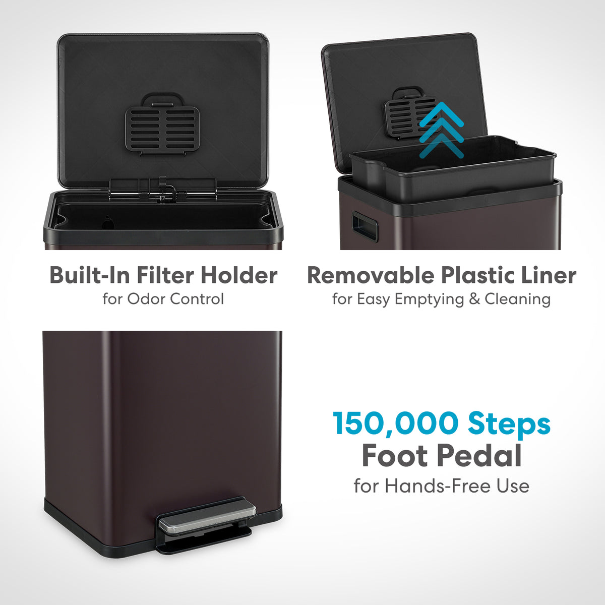 50 Liter / 13.2 Gallon Soft-Close, Smudge Resistant Trash Can with Foot Pedal and Built in Filter- Brown