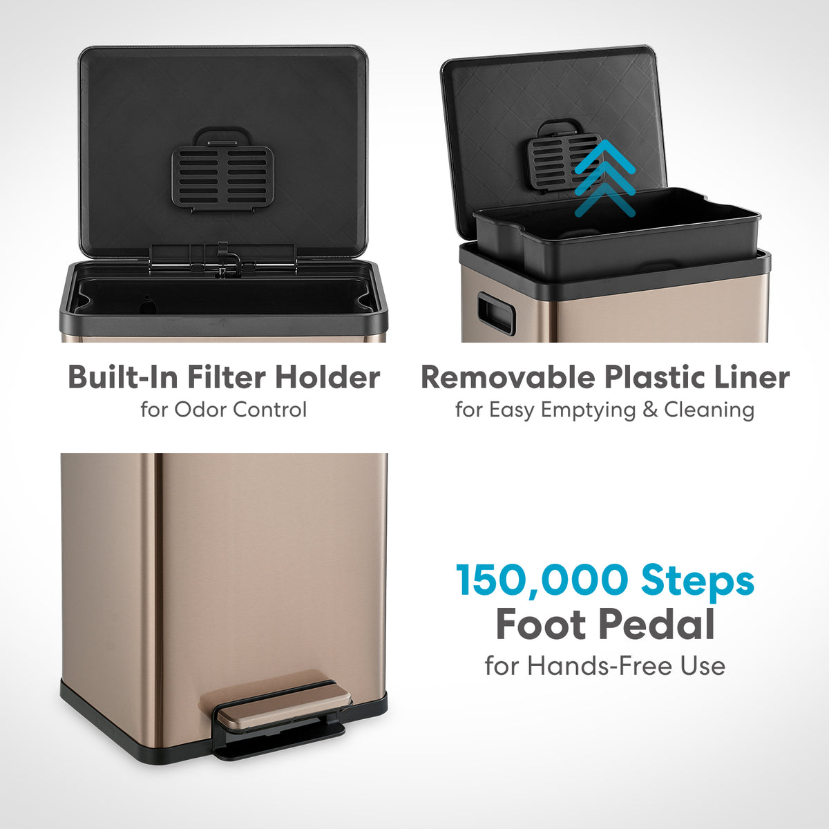 SIMPLI-MAGIC 13 Gallon/50 Liter Kitchen Trash Can, Stainless Steel Step-On Garbage Bin with Side Handles, Built-In Odor Filter Holder & Removable Inner Bucket for Kitchen & Office & Bedroom, Rose Gold