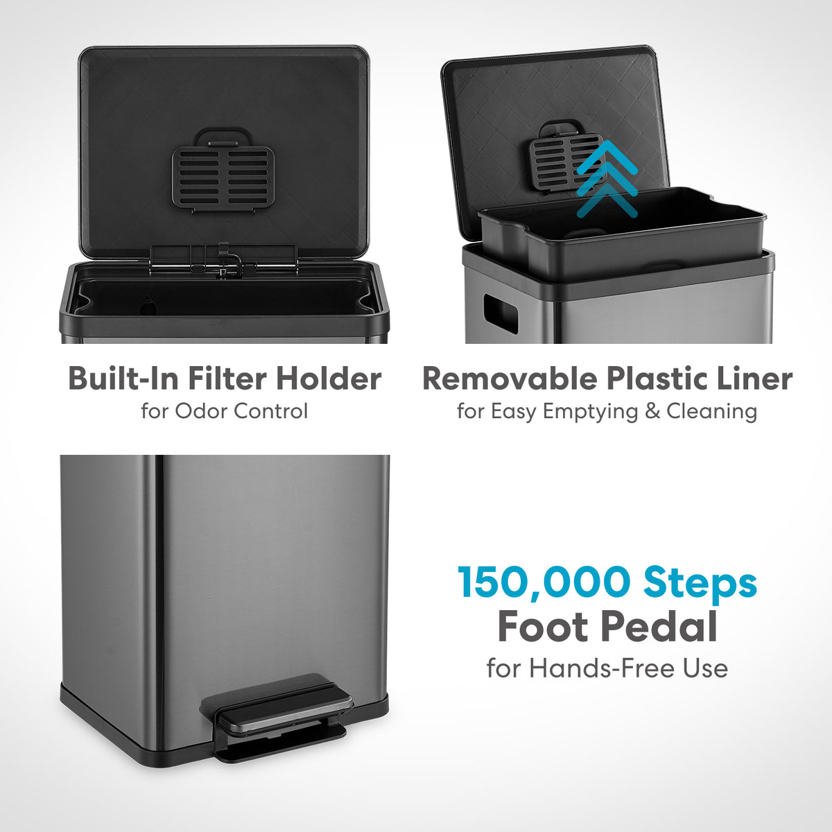 SIMPLI-MAGIC 50 Liter / 13.2 Gallon Soft-Close, Smudge Resistant Trash Can with Foot Pedal and Built in Filter- Stainless Steel, Black Gun Metal Finish