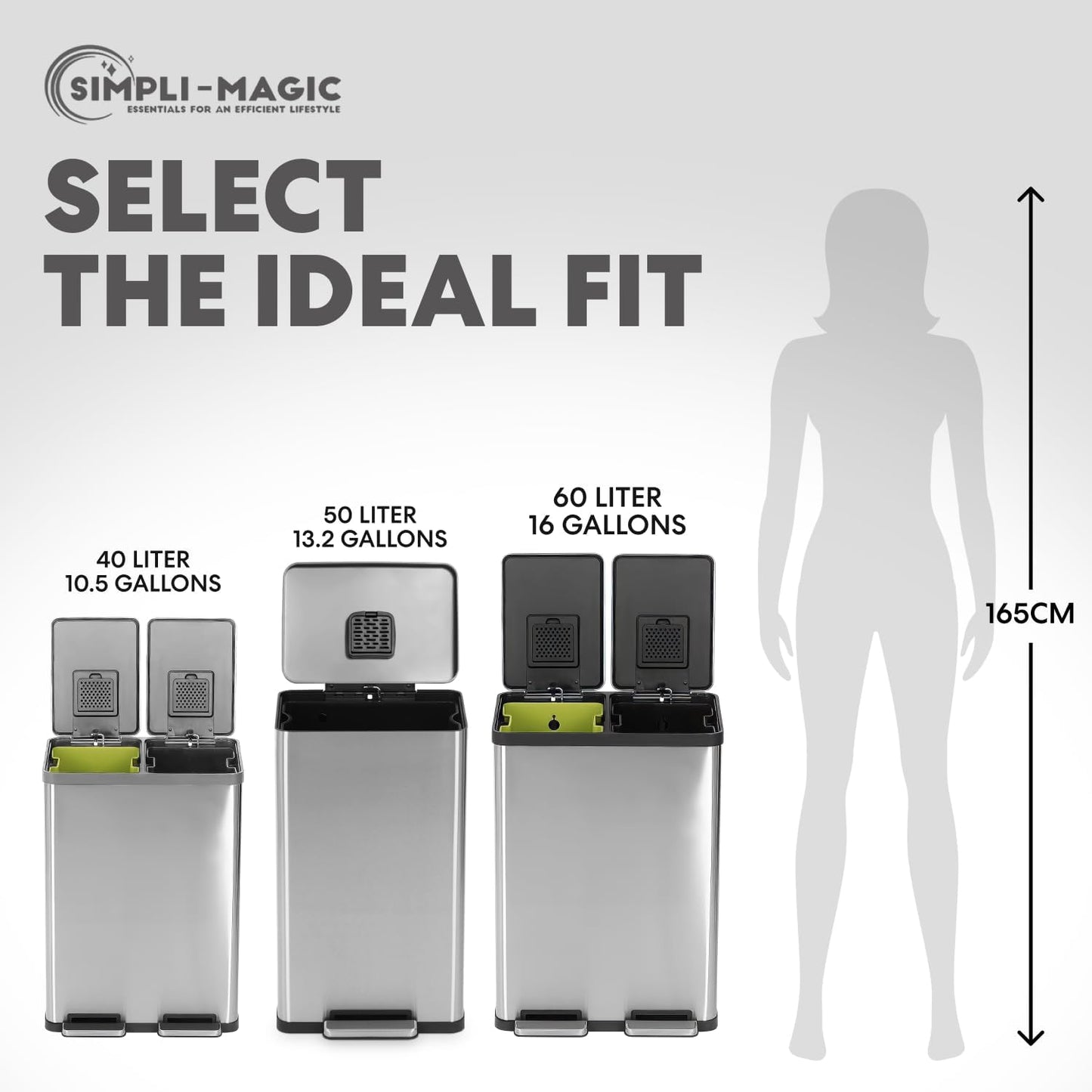 SIMPLI-Magic 13.2 Gallon/50 Liter, Kitchen Trash Can, Stainless Steel, Step-On Garbage Bin with Removable Inner Bucket for Kitchen, Office, and Bedroom