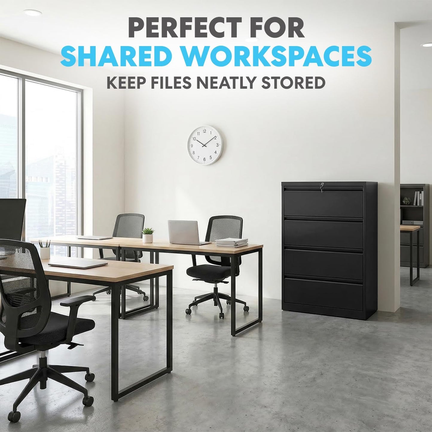 SIMPLI-MAGIC 4 Drawer Lateral Metal File Cabinet with Lock, Black
