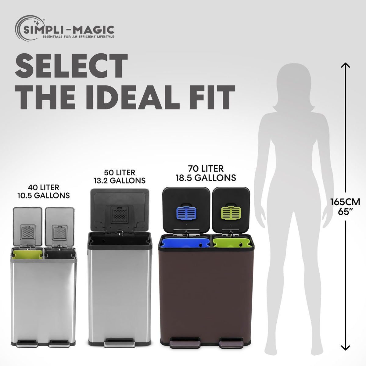SIMPLI-MAGIC 18.5 Gallon (70L) Dual Compartment Kitchen Trash Can - Hands-Free Step Pedal, Soft-Close Lid, Stainless Steel Recycling Bin with Odor Filter (40L + 30L)
