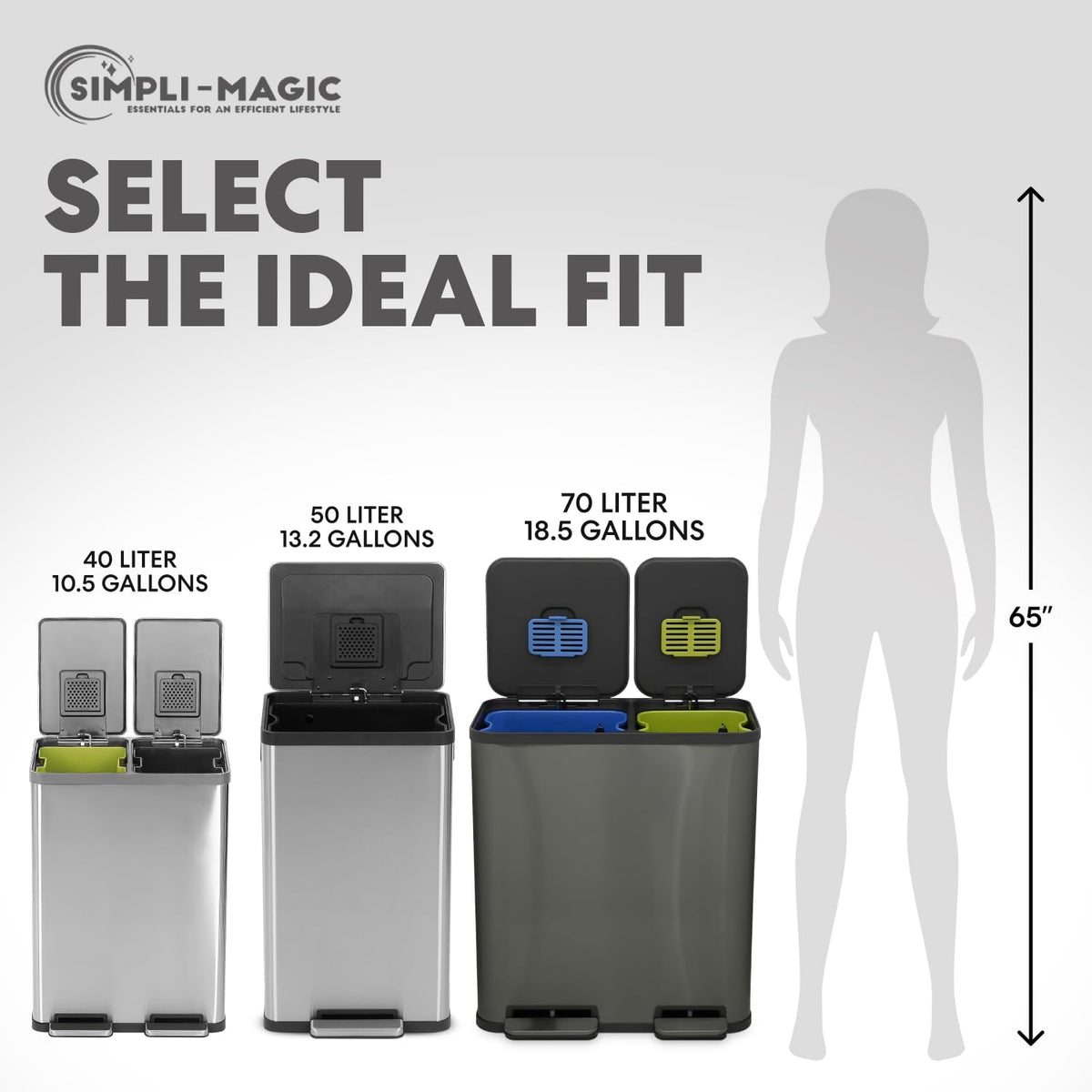 SIMPLI-MAGIC 18.5 Gallon (70L) Dual Compartment Kitchen Trash Can - Hands-Free Step Pedal, Soft-Close Lid, Stainless Steel Recycling Bin with Odor Filter (40L + 30L), Black