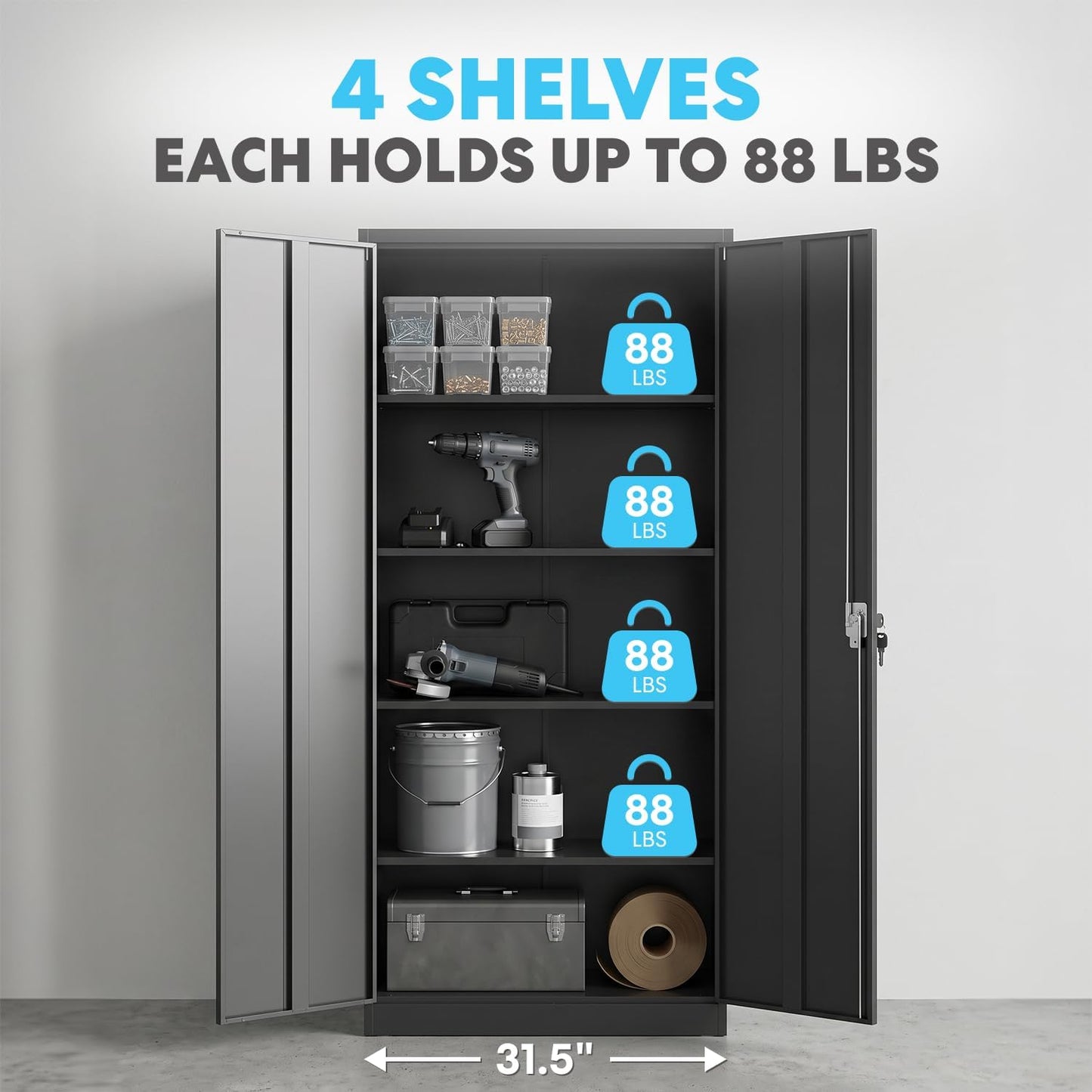 SIMPLI-MAGIC Metal Garage Storage Cabinet with Lock, Tall Tool Organizer Steel Locker, 4 Adjustable Shelves for Home, Office, Warehouse, Garage, Black