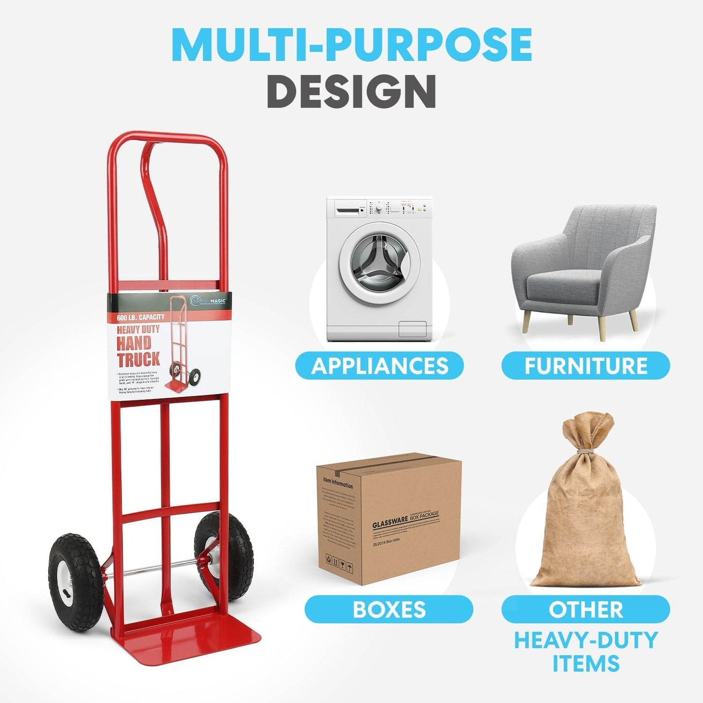 SIMPLI-MAGIC Steel Pneumatic Hand Truck Dolly, 600LBS – Convertible Heavy-Duty Moving Dolly Cart with 10" Wheels – Stable, Smooth Movement, Premium American Red Finish