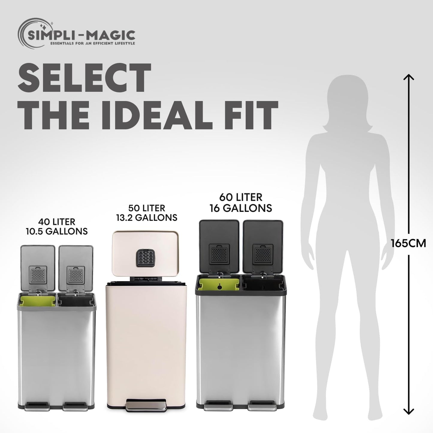 SIMPLI-Magic 13.2 Gallon/50 Liter, Kitchen Trash Can, Stainless Steel, Step-On Garbage Bin with Removable Inner Bucket for Kitchen, Office, and Bedroom, White