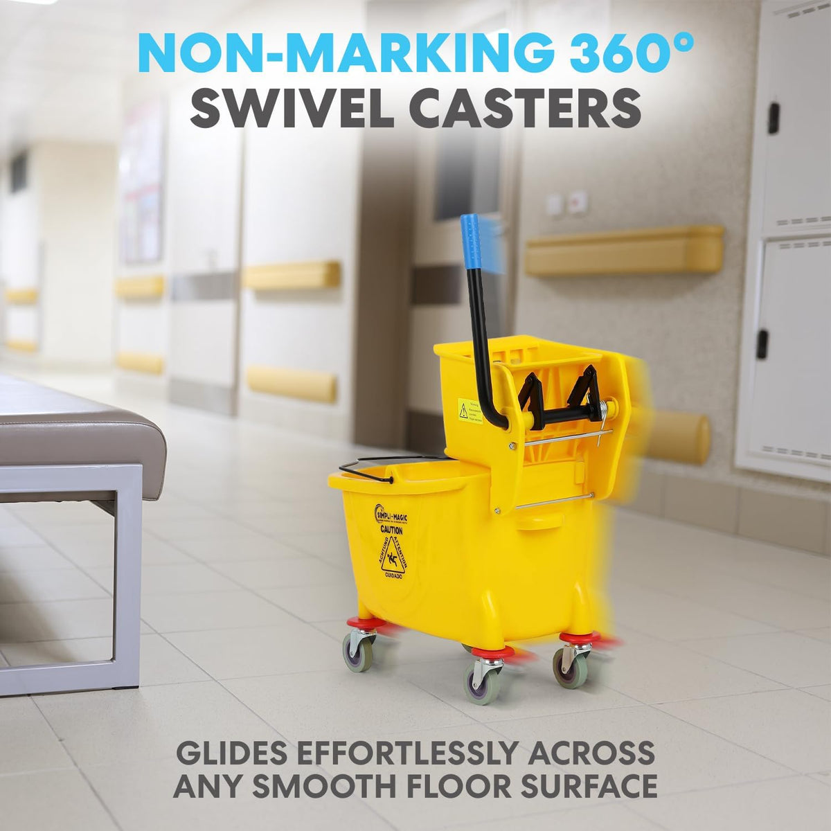 Simpli-Magic Upward Press Wringer Combo Commercial Mop Bucket on Wheels, 35 Quart,Yellow, Including Wet Floor Caution Sign and Mop Set 2 Pack