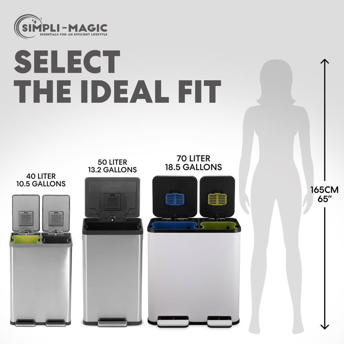 SIMPLI-MAGIC 70 Liter / 18.5 Gallon Dual Compartment Recycling Trash Can – Hands-Free Kitchen Step Bin with Soft-Close Lid, Odor Filter, Stainless Steel Foot Pedal, Black Finish (40L + 30L), White