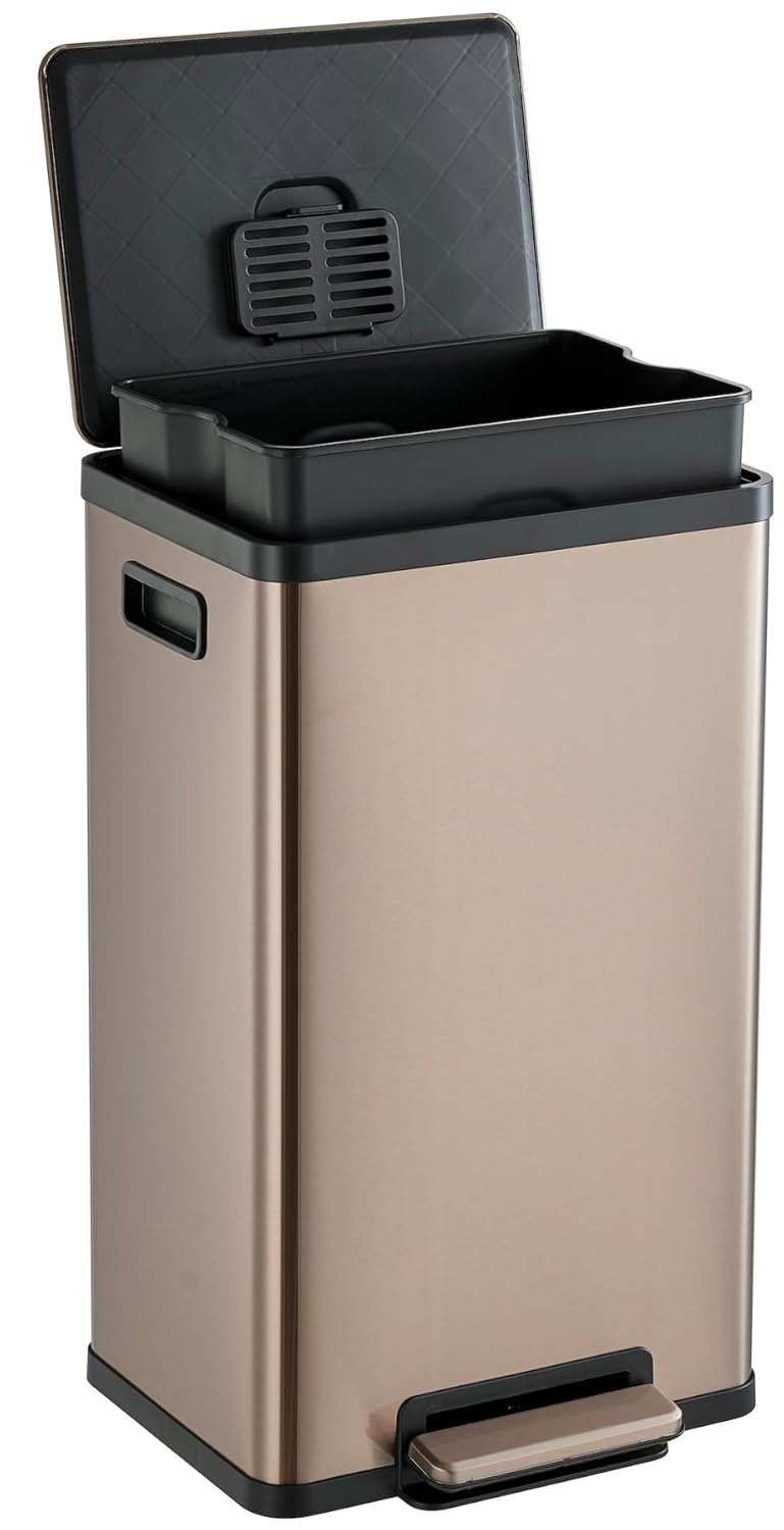 SIMPLI-MAGIC 13 Gallon/50 Liter Kitchen Trash Can, Stainless Steel Step-On Garbage Bin with Side Handles, Built-In Odor Filter Holder & Removable Inner Bucket for Kitchen & Office & Bedroom, Rose Gold
