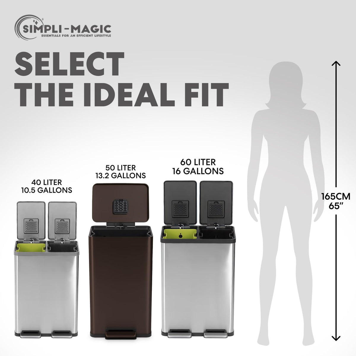 SIMPLI-MAGIC 50 Liter / 13.2 Gallon Soft-Close, Smudge Resistant Trash Can with Foot Pedal and Built in Filter- Brown