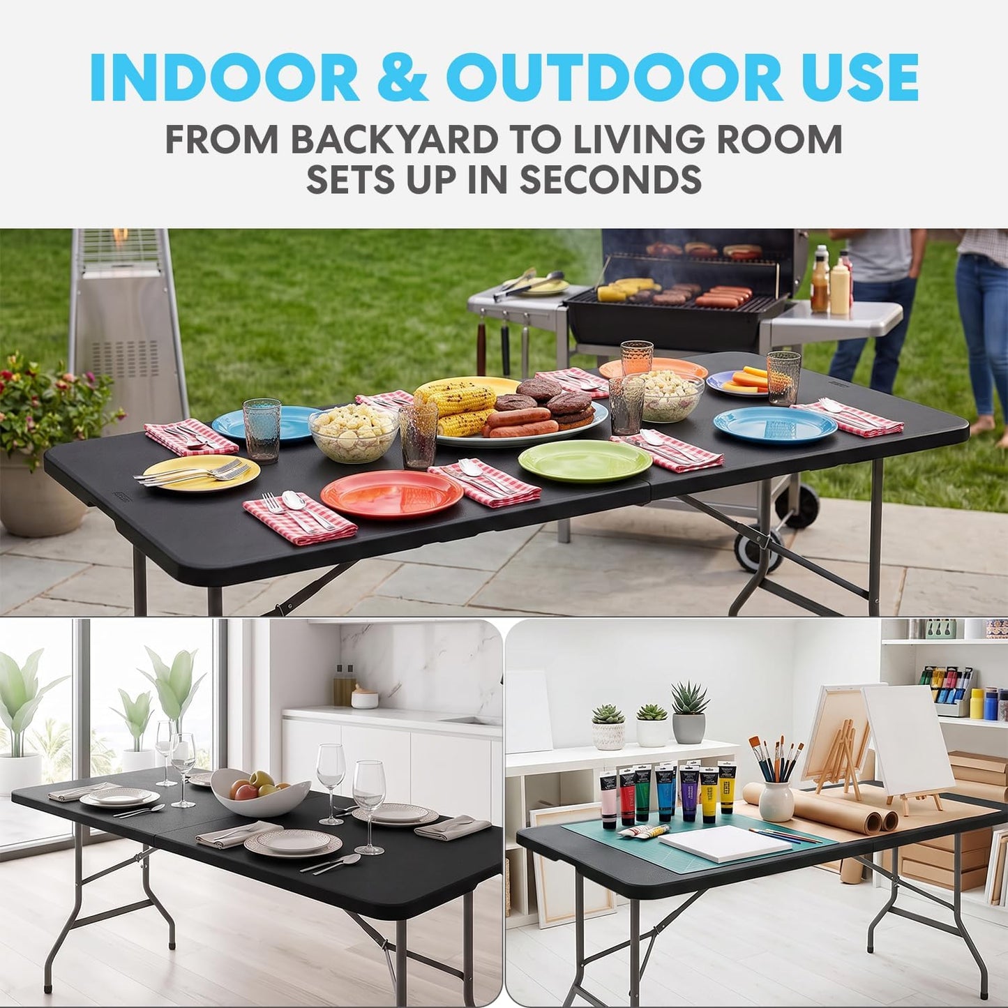 SIMPLI-MAGIC Black Foldable Table (6FT), 2-Pack Indoor/Outdoor Folding Utility Tables with Carry Handle for Parties, Events, Crafts, and Picnics