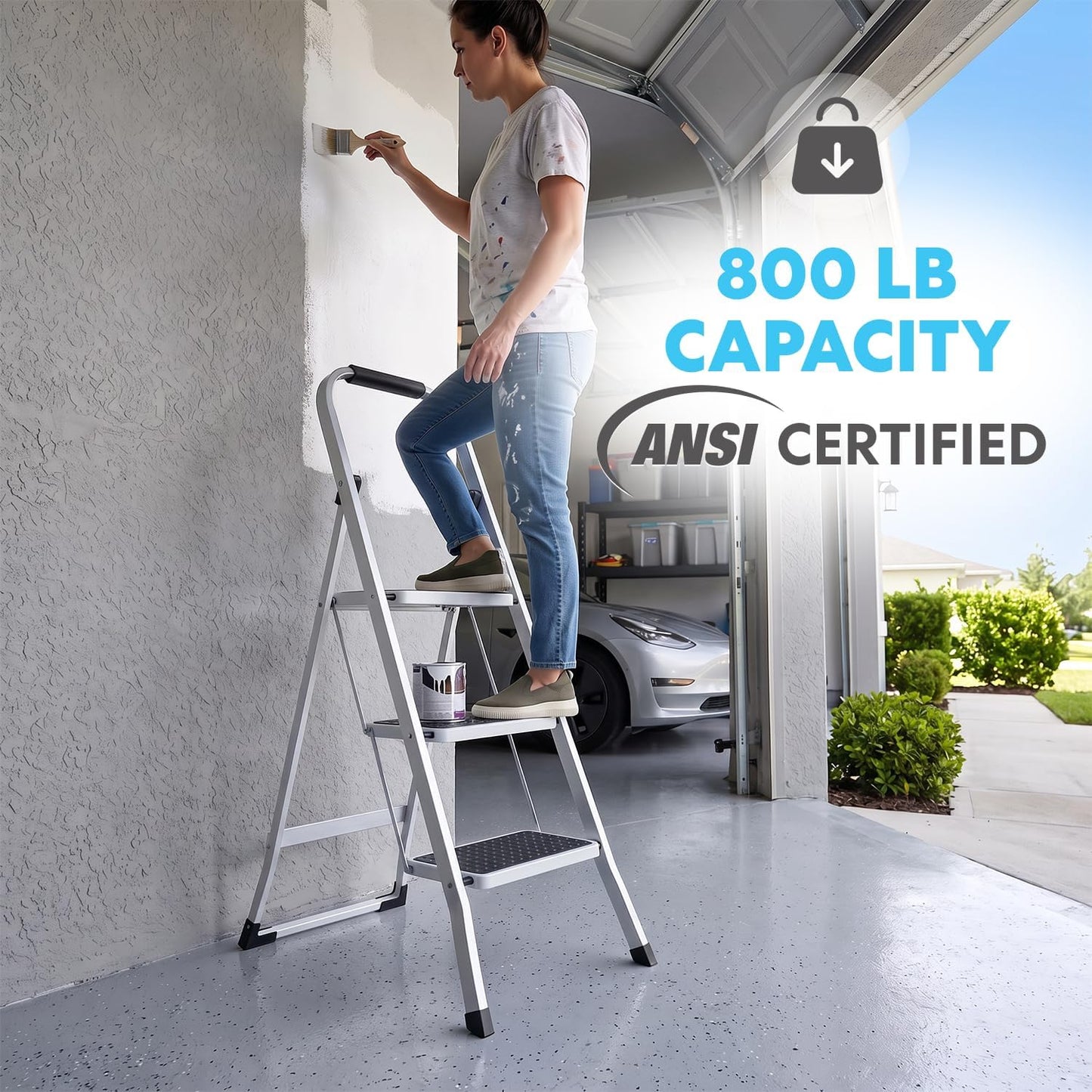 Simpli-Magic 3 Step Ladder 2 Pack, Folding Step Stool for Adults, Tested to 800 lb, Wide Anti-Slip Steps, Steel Frame, White