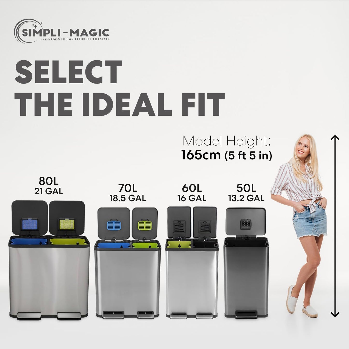 SIMPLI-Magic 13.2 Gallon/50 Liter, Kitchen Trash Can, Stainless Steel, Step-On Garbage Bin with Removable Inner Bucket for Kitchen, Office, and Bedroom, Gunmetal