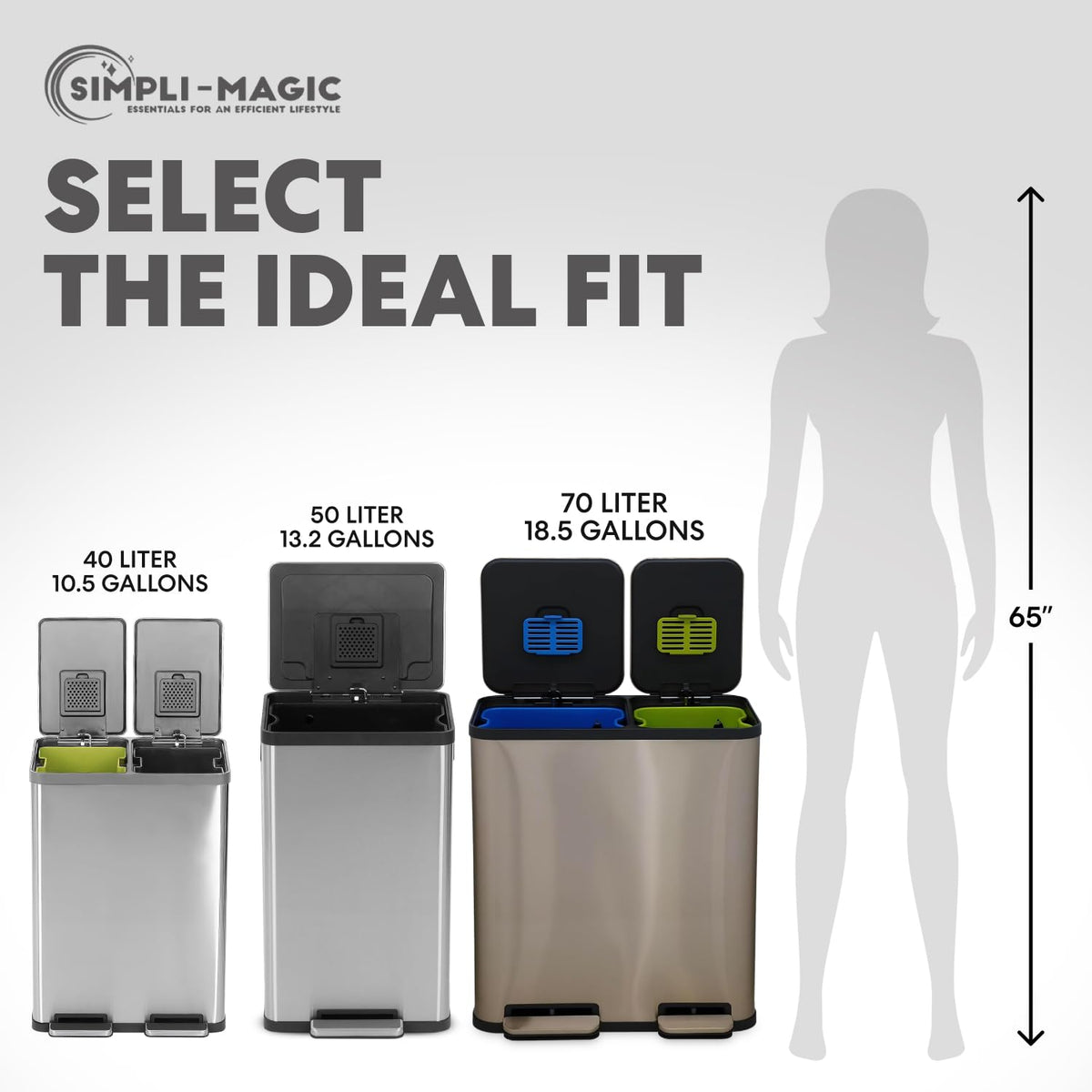 SIMPLI-MAGIC 70 Liter / 18.5 Gallon Dual Compartment Recycling Trash Can – Hands-Free Kitchen Step Bin with Soft-Close Lid, Odor Filter, Stainless Steel Foot Pedal, (40L + 30L) Rose Gold Finish