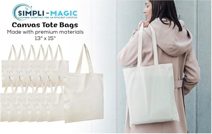 Simpli-Magic Canvas Tote Bags, (Size: 13" x 15" - Case of 150 Bags) with Bottom Gusset for Crafts, Shopping, Groceries, Books, Beach, Diaper Bag & Much More, 13" x 15", Natural