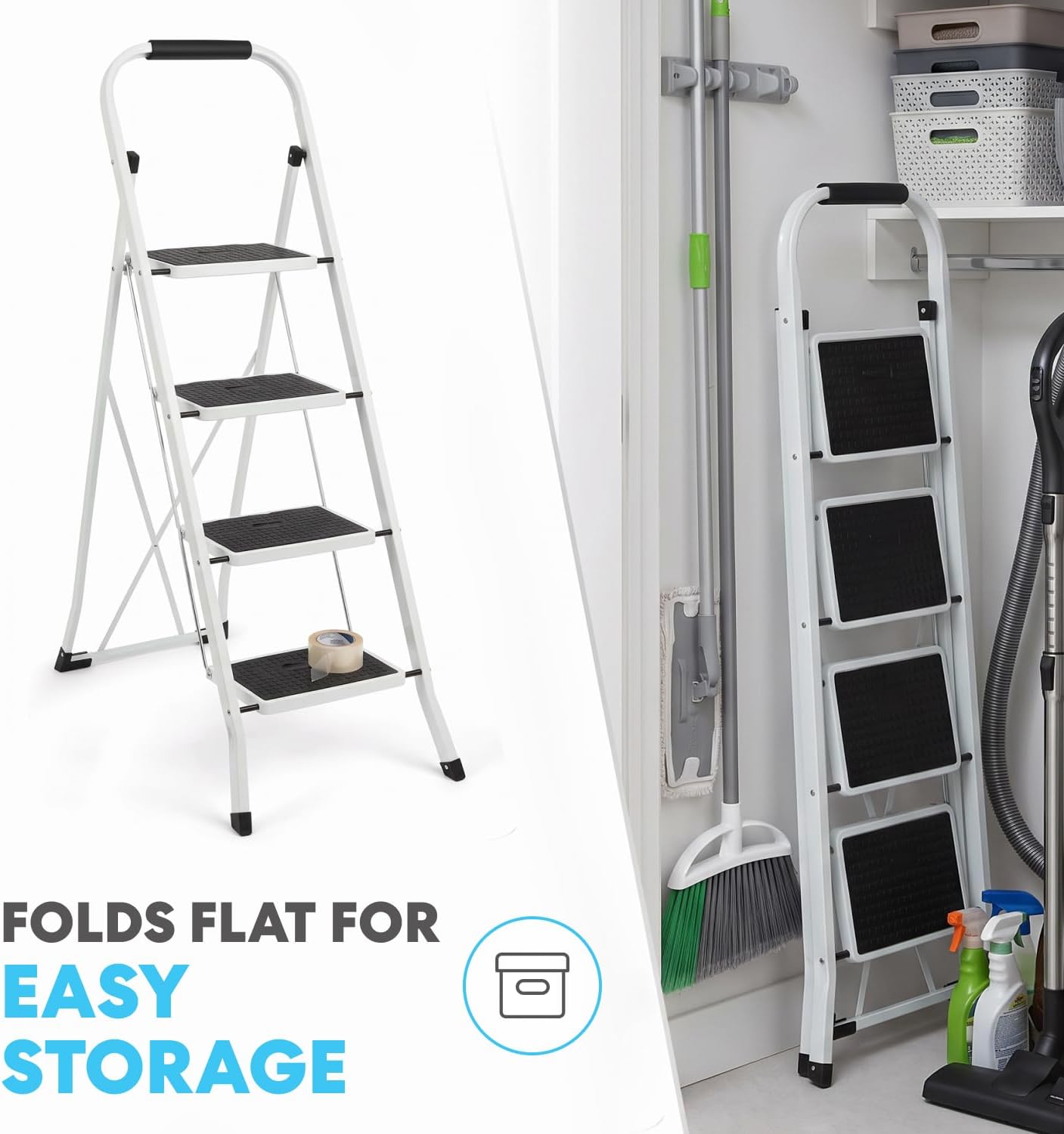 Simpli-Magic 4 Step Ladder 2 Pack, Folding Step Stool for Adults, Tested to 800 lb, Wide Anti-Slip Steps, Steel Frame, White