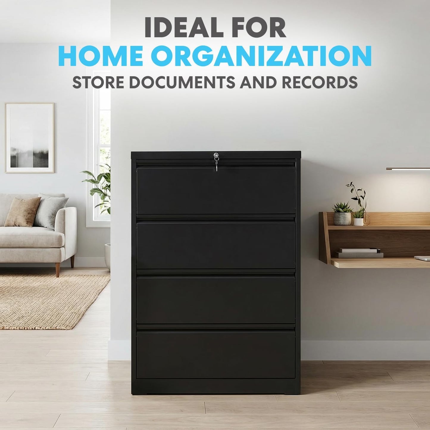 SIMPLI-MAGIC 4 Drawer Lateral Metal File Cabinet with Lock, Black