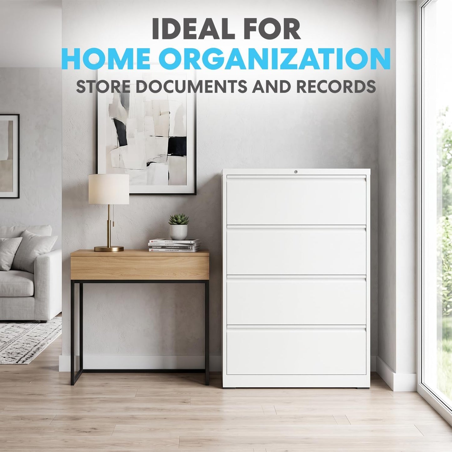 SIMPLI-MAGIC 4 Drawer Lateral Metal File Cabinet with Lock, White