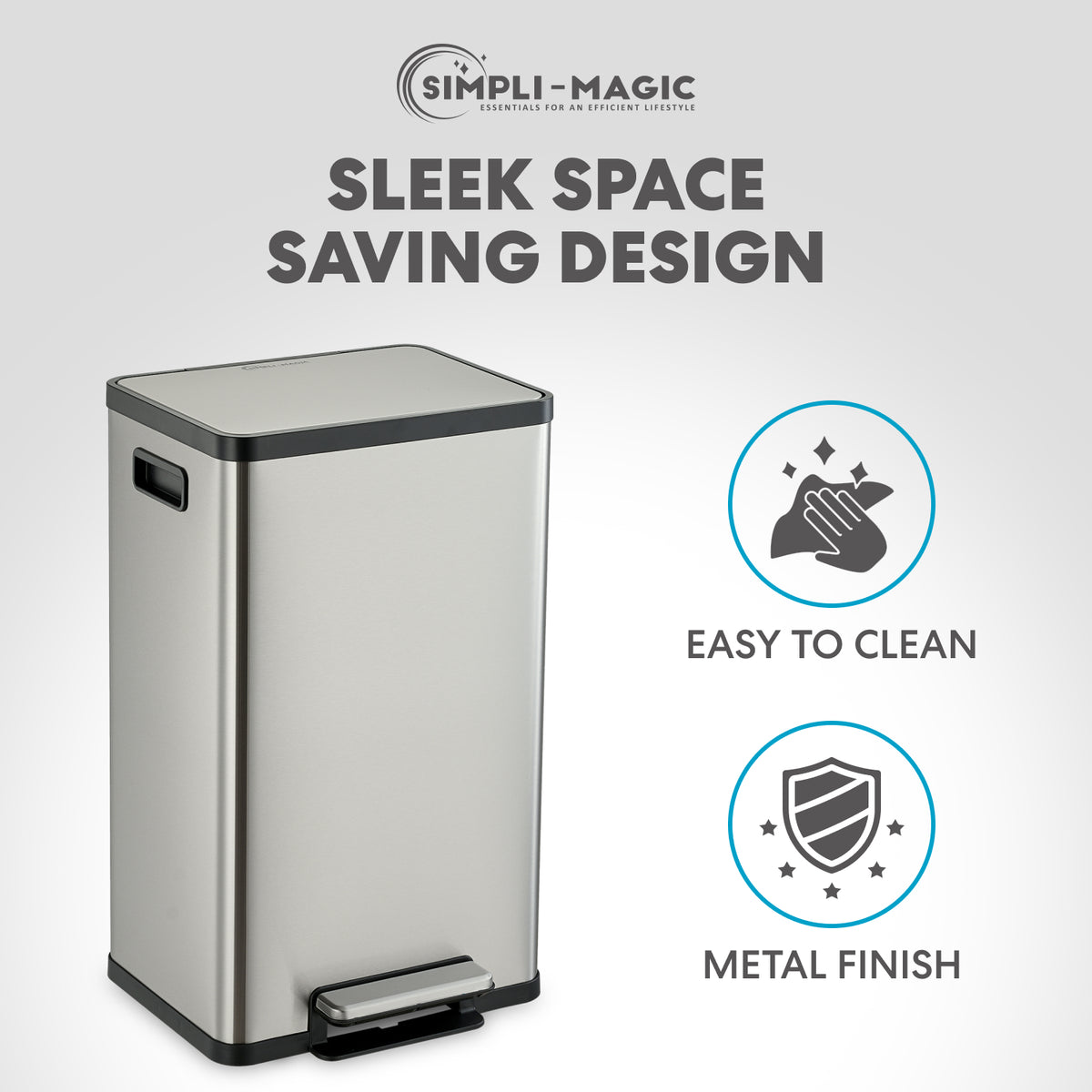 SIMPLI-MAGIC 50 Liter / 13.2 Gallon Soft-Close, Smudge Resistant Trash Can with Foot Pedal and Built in Filter- Stainless Steel, Sleek Finish