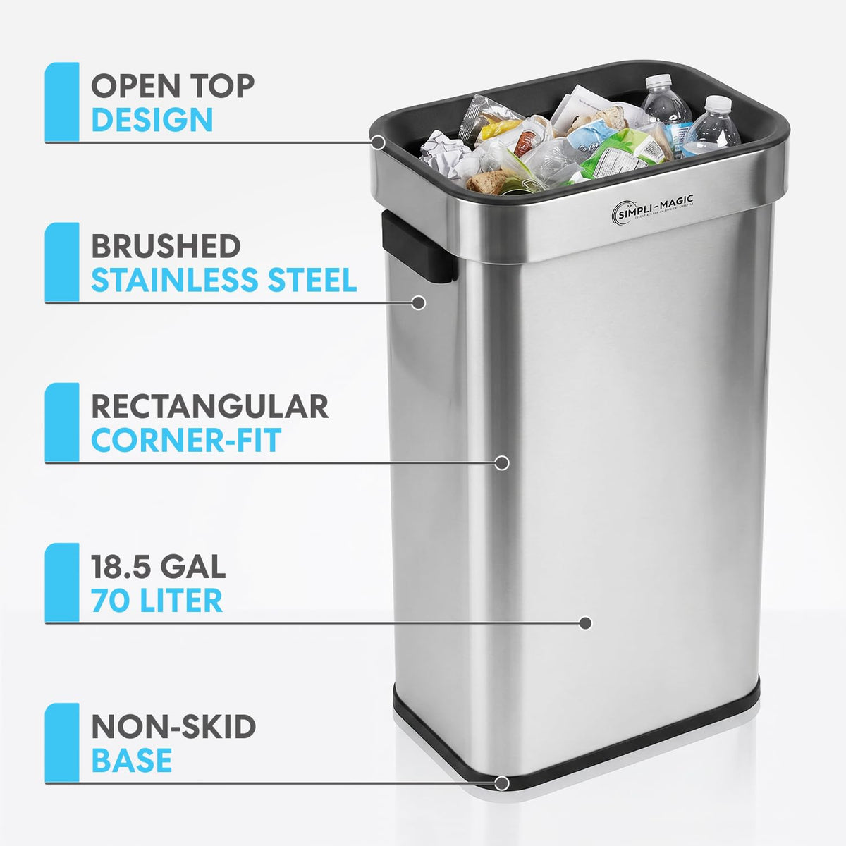 SIMPLI-MAGIC 70 Liter / 18.5 Gallon Soft-Close, Smudge Resistant Open Top Trash Can with Stainless Steel, Sleek Finish