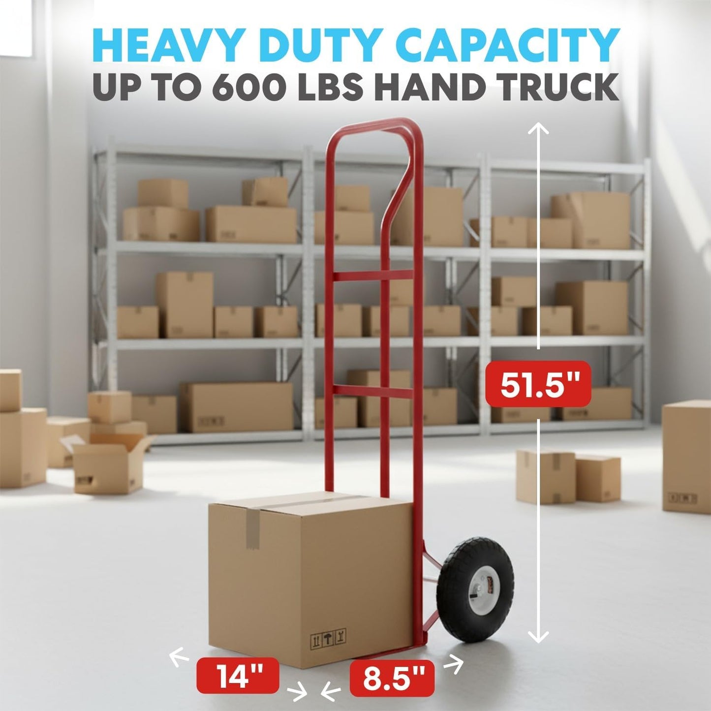 SIMPLI-MAGIC Steel Pneumatic Hand Truck Dolly, 600LBS – Convertible Heavy-Duty Moving Dolly Cart with 10" Wheels – Stable, Smooth Movement, Premium American Red Finish