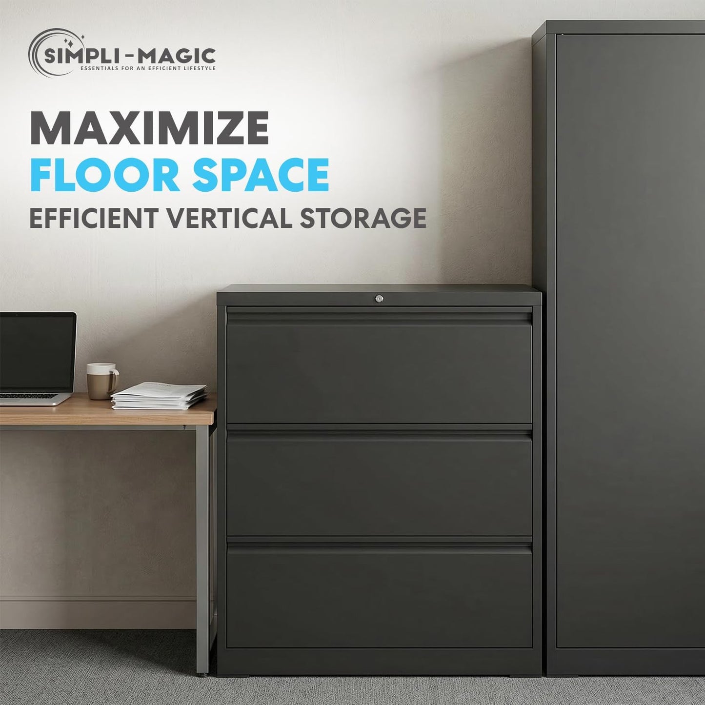 SIMPLI-MAGIC 3 Drawer Vertical Metal File Cabinet with Lock, Black