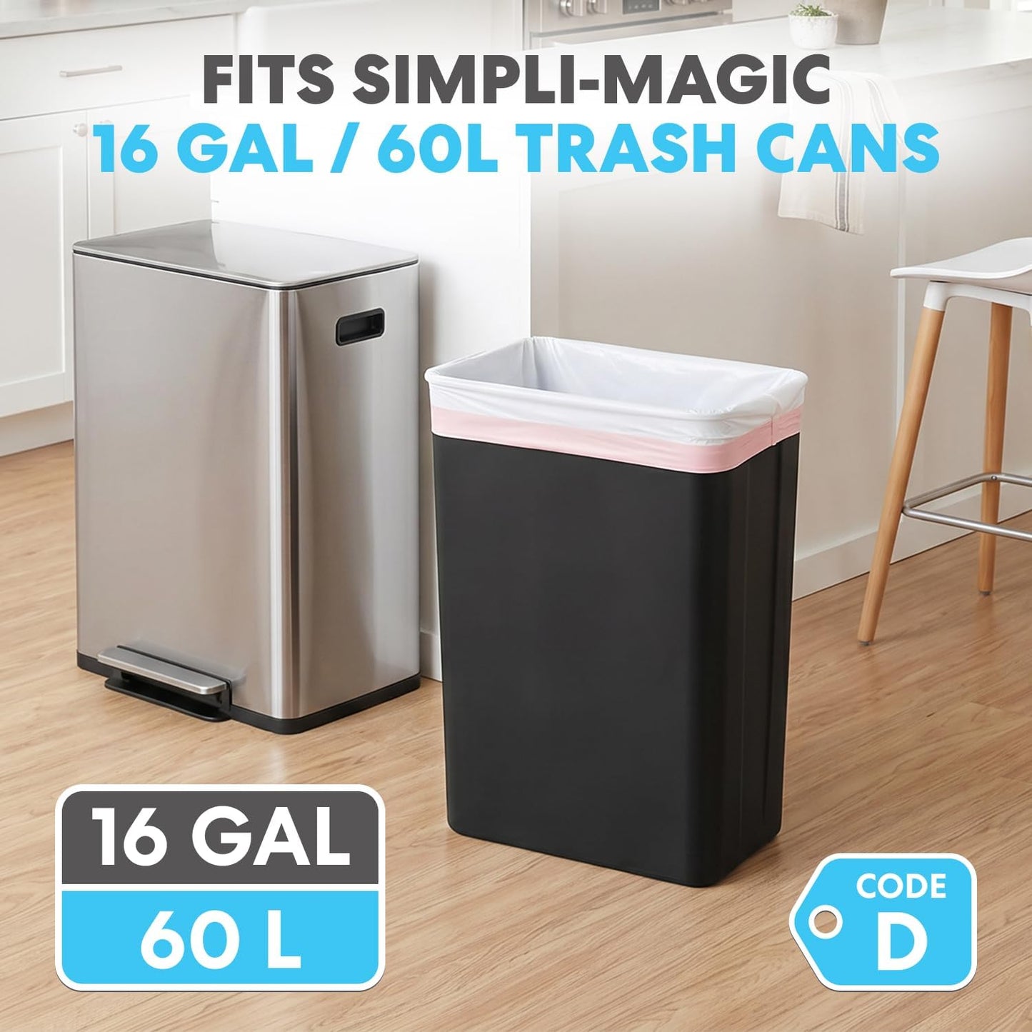 SIMPLI-MAGIC 16 Gallon / 60 Liter Trash Liner (Code D), Tear-Resistant Trash Bags for Kitchen, Office, Bathroom, and Bedroom Trash Cans, 60 pack