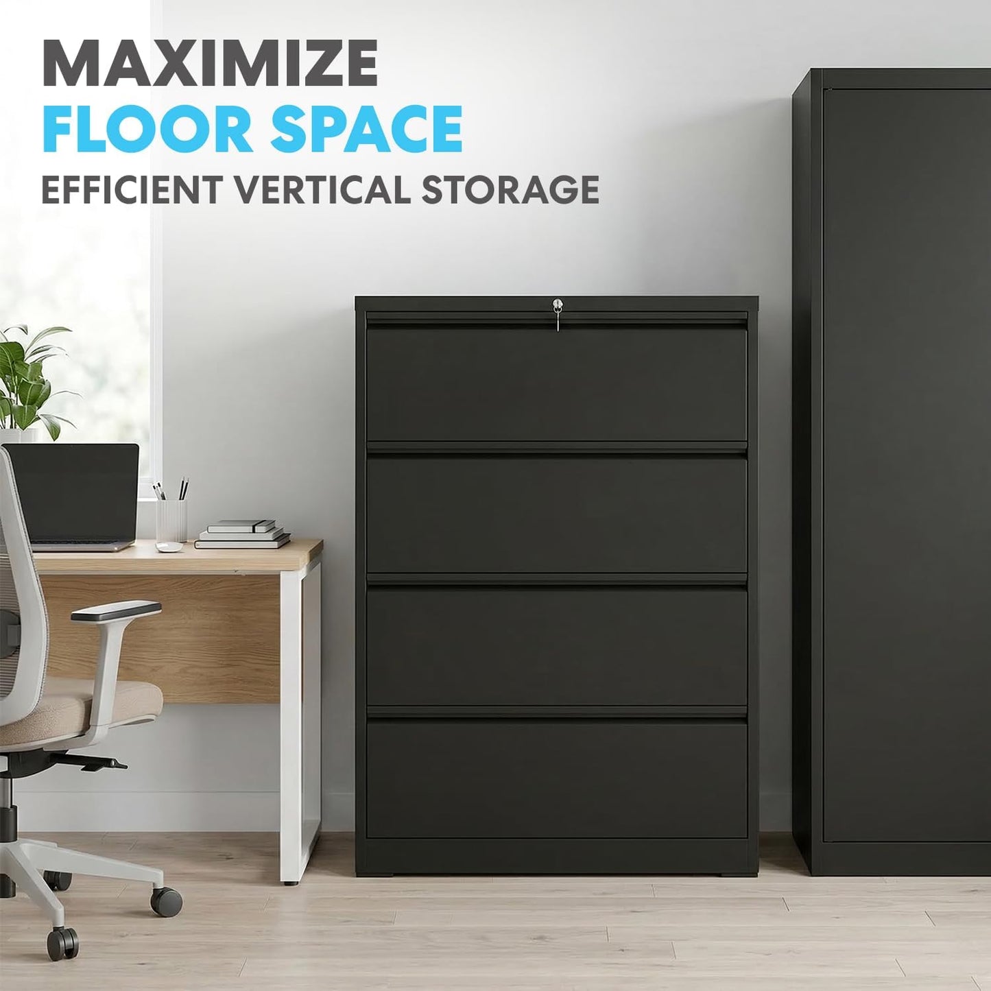 SIMPLI-MAGIC 4 Drawer Lateral Metal File Cabinet with Lock, Black
