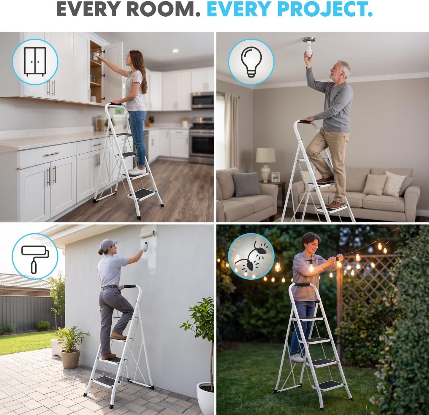 Simpli-Magic 4 Step Ladder 2 Pack, Folding Step Stool for Adults, Tested to 800 lb, Wide Anti-Slip Steps, Steel Frame, White