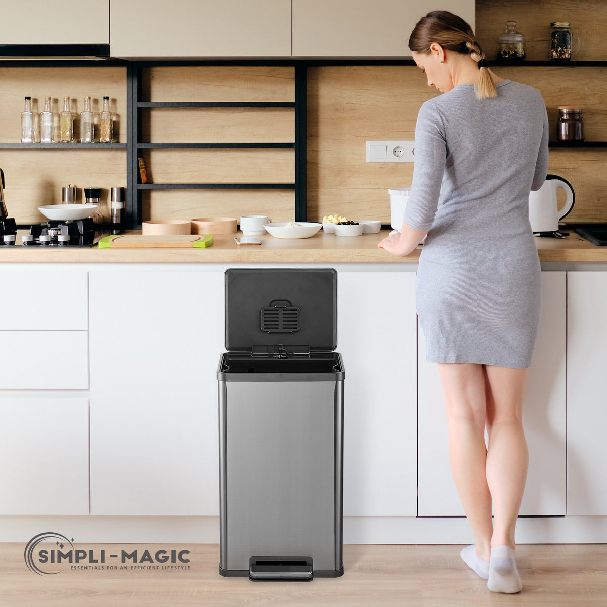 SIMPLI-MAGIC 50 Liter / 13.2 Gallon Soft-Close, Smudge Resistant Trash Can with Foot Pedal and Built in Filter- Stainless Steel, Sleek Finish