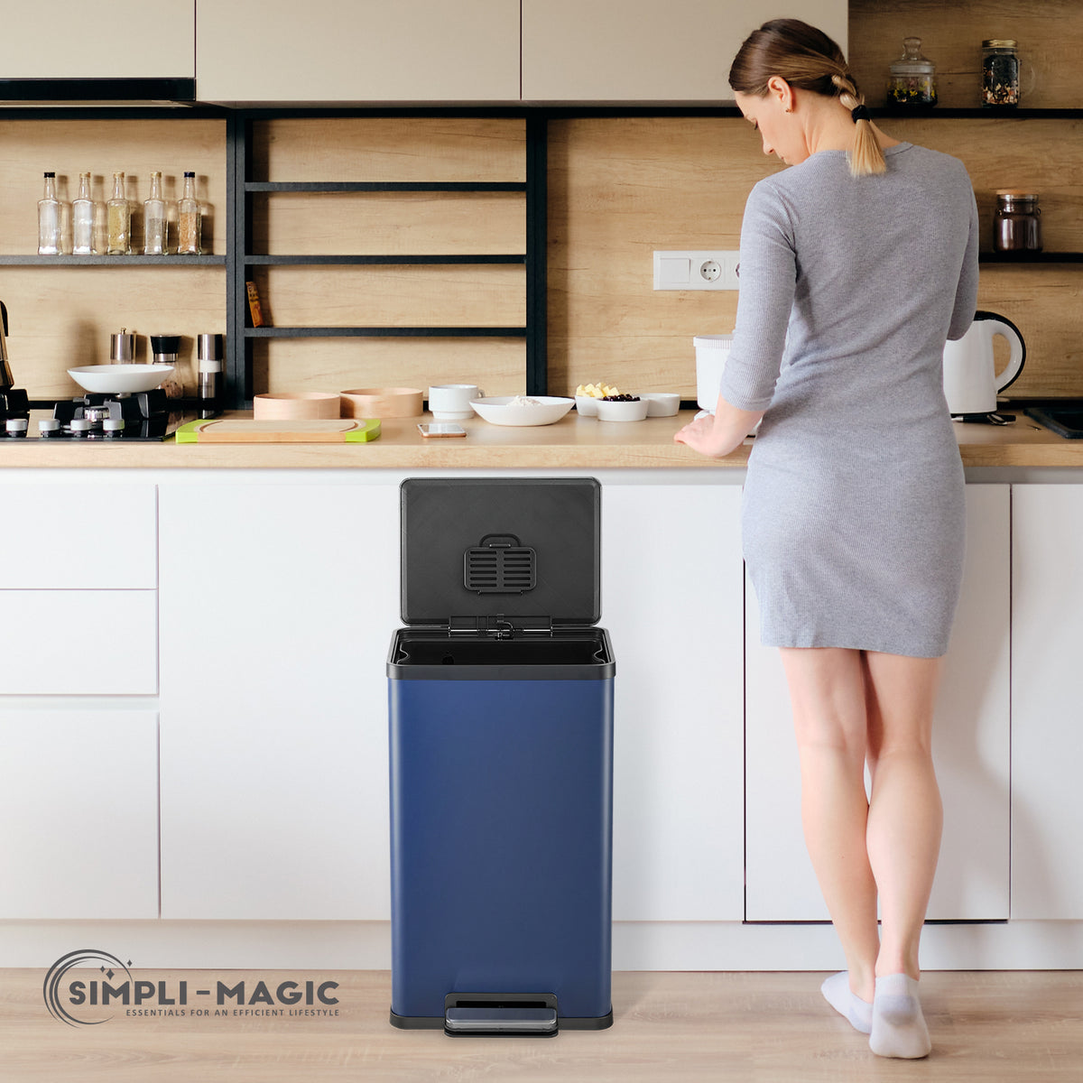 50 Liter / 13.2 Gallon Soft-Close, Smudge Resistant Trash Can with Foot Pedal and Built in Filter- Blue
