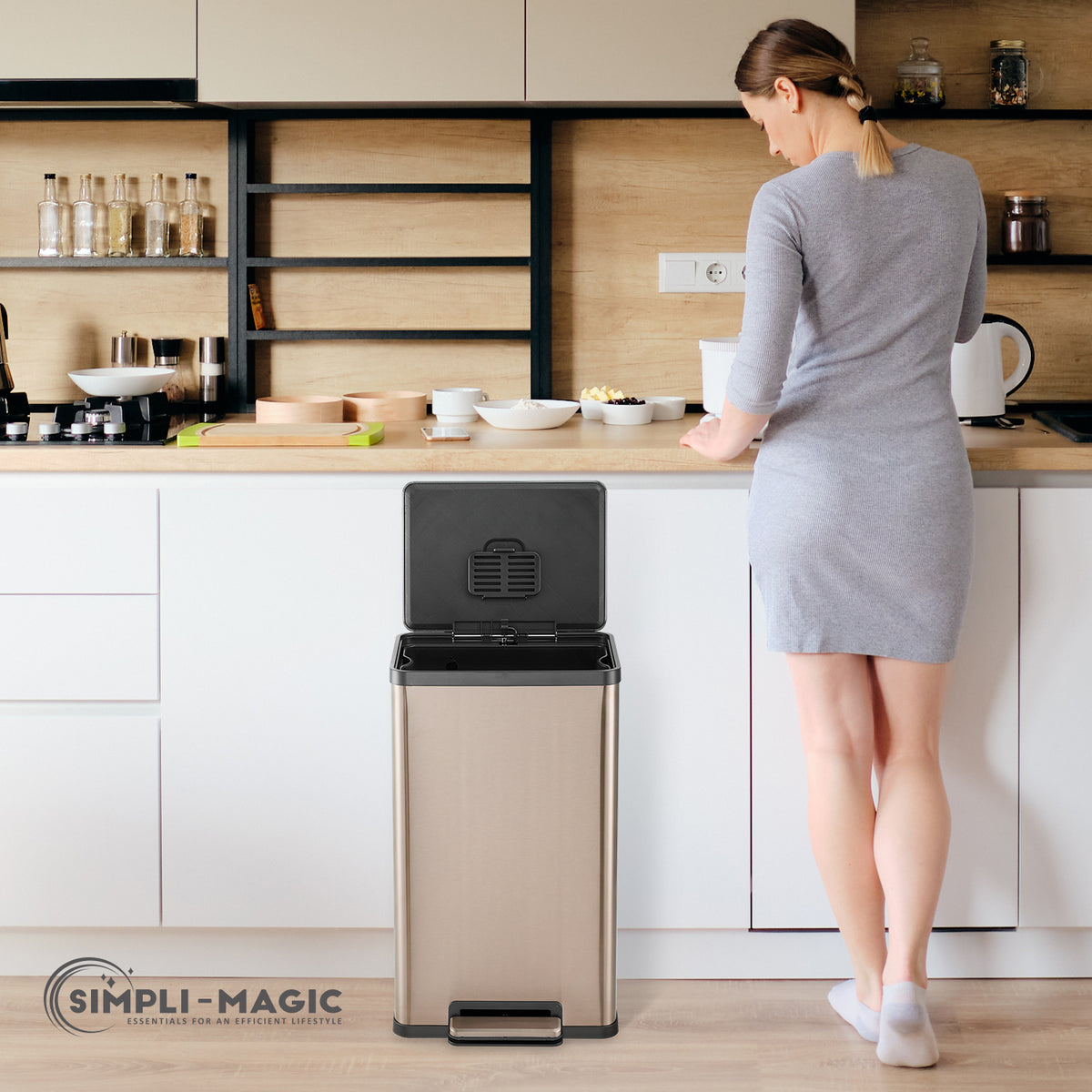 SIMPLI-MAGIC 13 Gallon/50 Liter Kitchen Trash Can, Stainless Steel Step-On Garbage Bin with Side Handles, Built-In Odor Filter Holder & Removable Inner Bucket for Kitchen & Office & Bedroom, Rose Gold