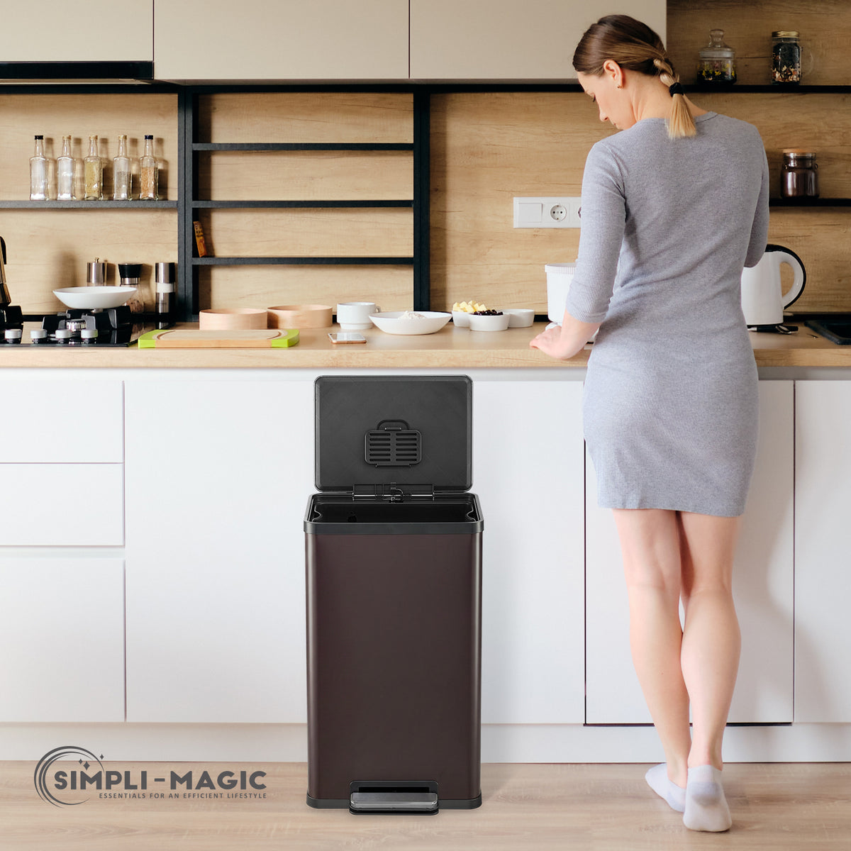 50 Liter / 13.2 Gallon Soft-Close, Smudge Resistant Trash Can with Foot Pedal and Built in Filter- Brown
